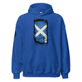 Blue hoodie with a Scottish flag design on the back against a white background