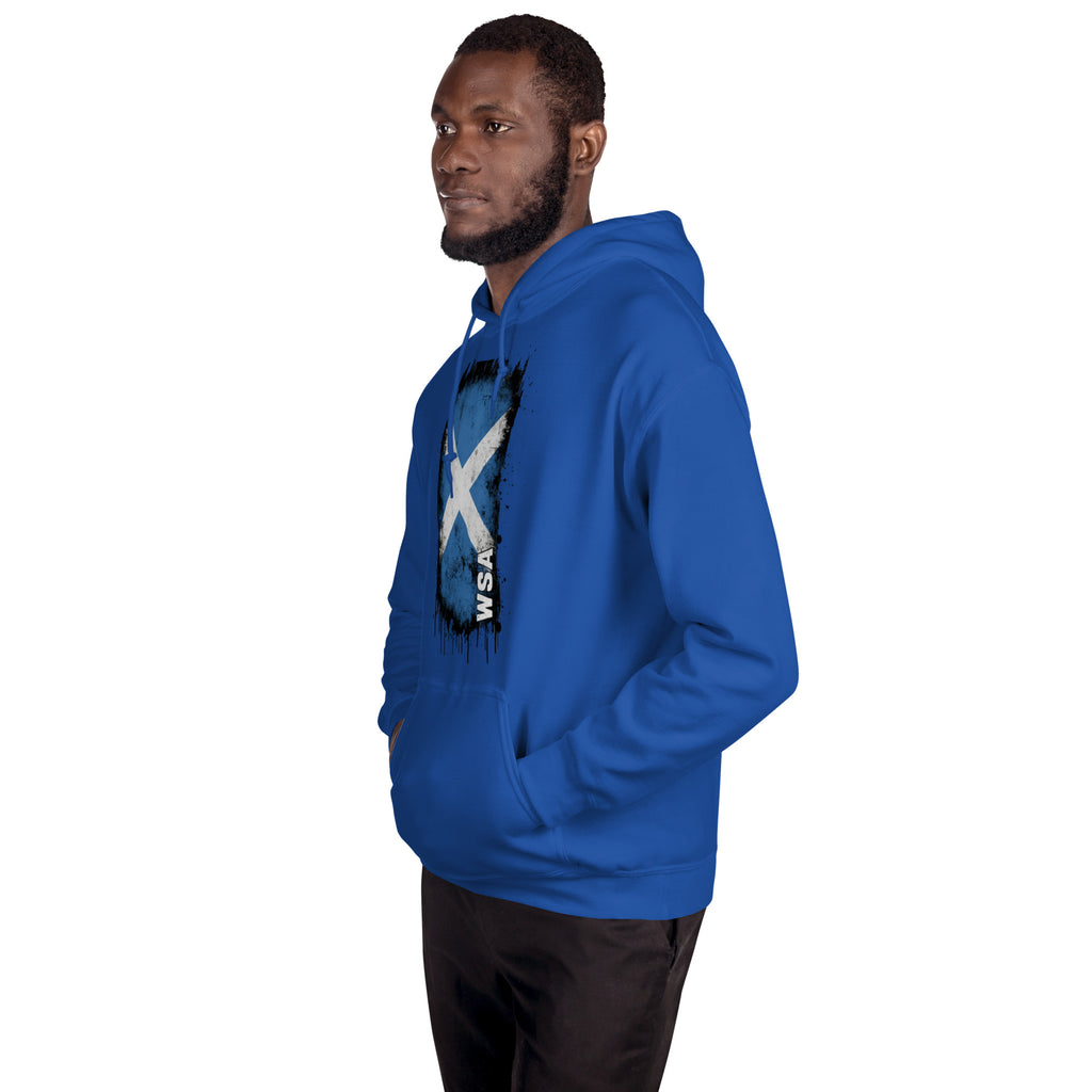 Man wearing a blue hoodie with a graphic design on a white background