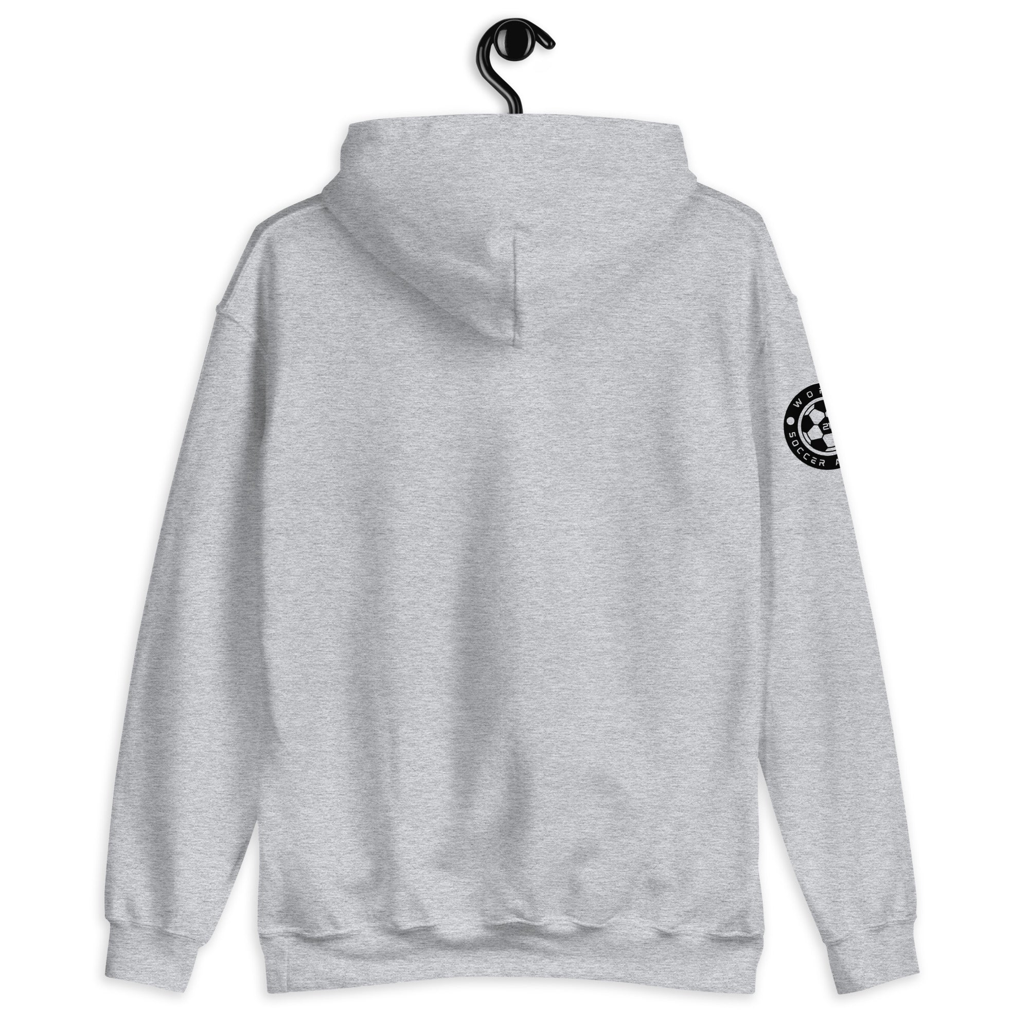 Gray hoodie with a logo on the sleeve, displayed on a hanger against a white background.