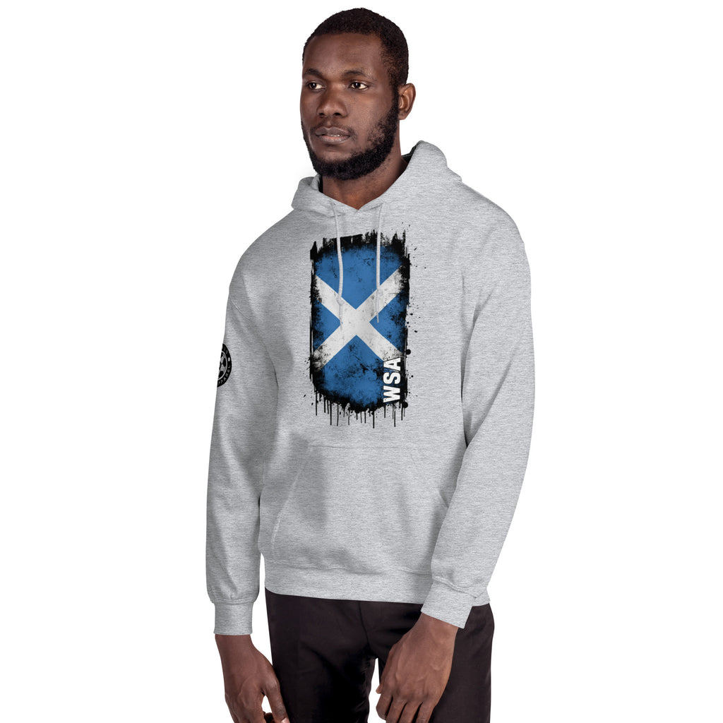 Man wearing a gray hoodie with a Scottish flag design on a white background