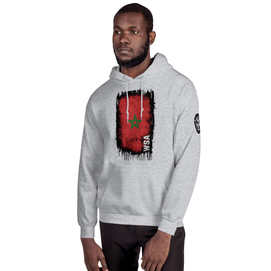 Man wearing a gray hoodie with a flag design on a white background