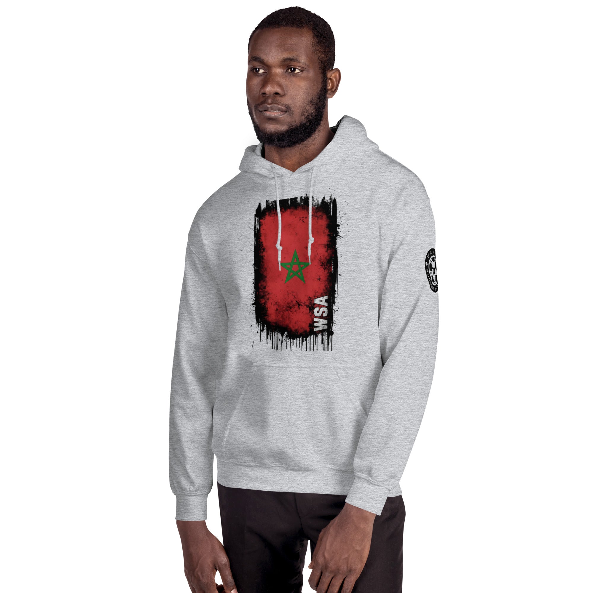 Man wearing a gray hoodie with a flag design on a white background