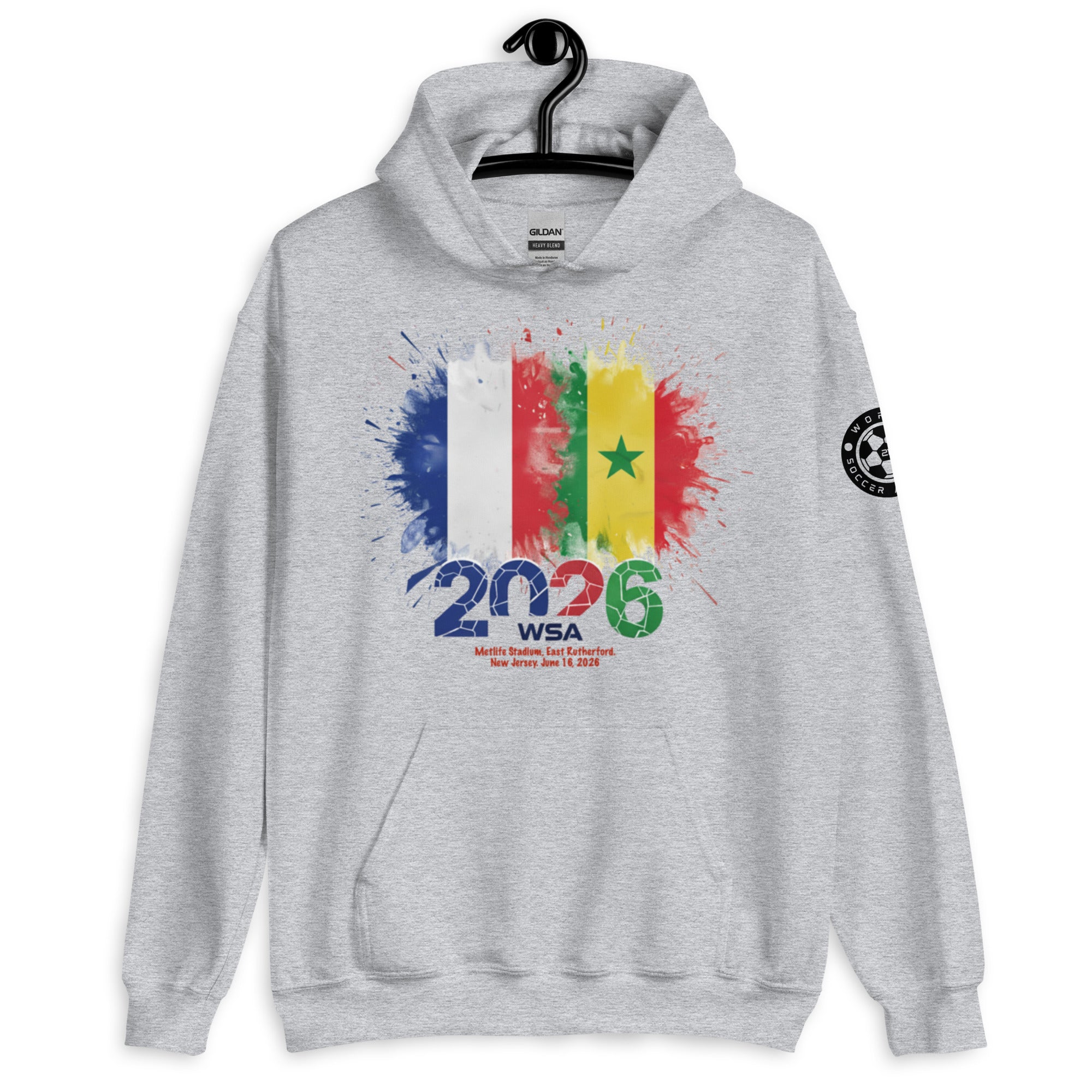 Gray hoodie with colorful design and text on a white background