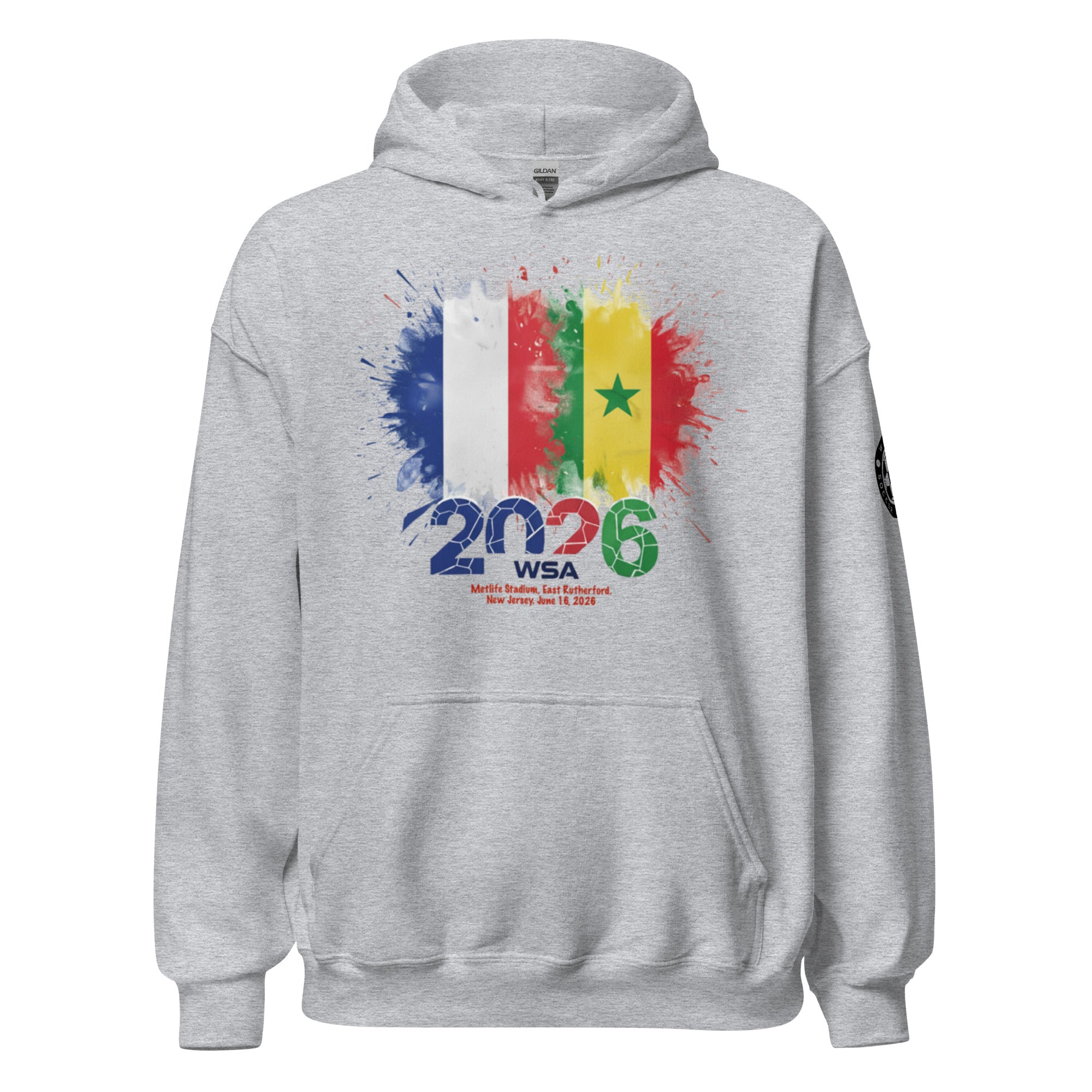 Gray hoodie with colorful design and text on a white background