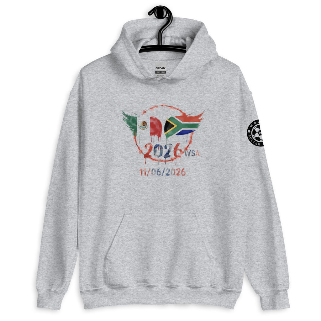 Gray hoodie with a graphic design on a white background