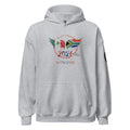 Gray hoodie with a colorful graphic design on a white background