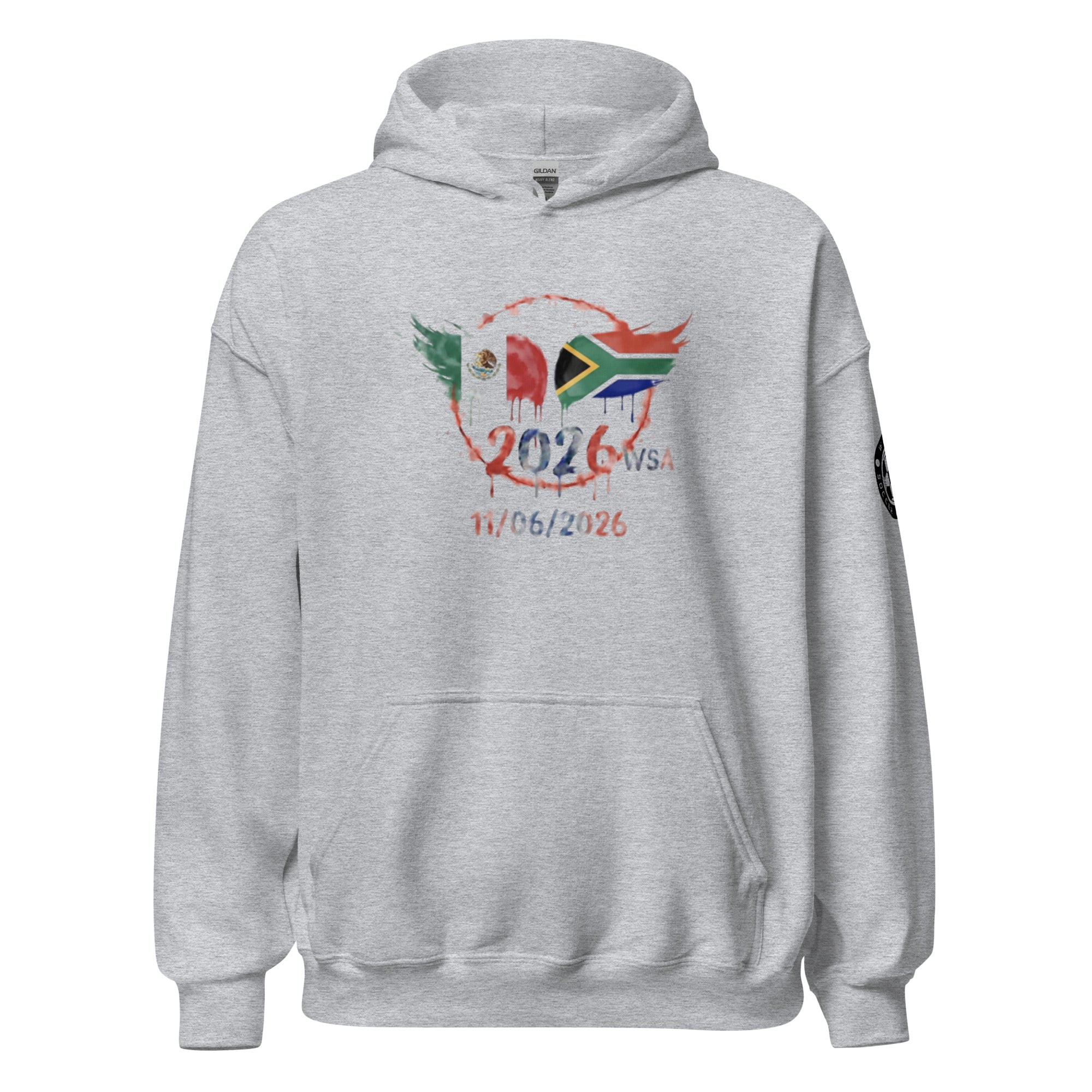 Gray hoodie with a colorful graphic design on a white background
