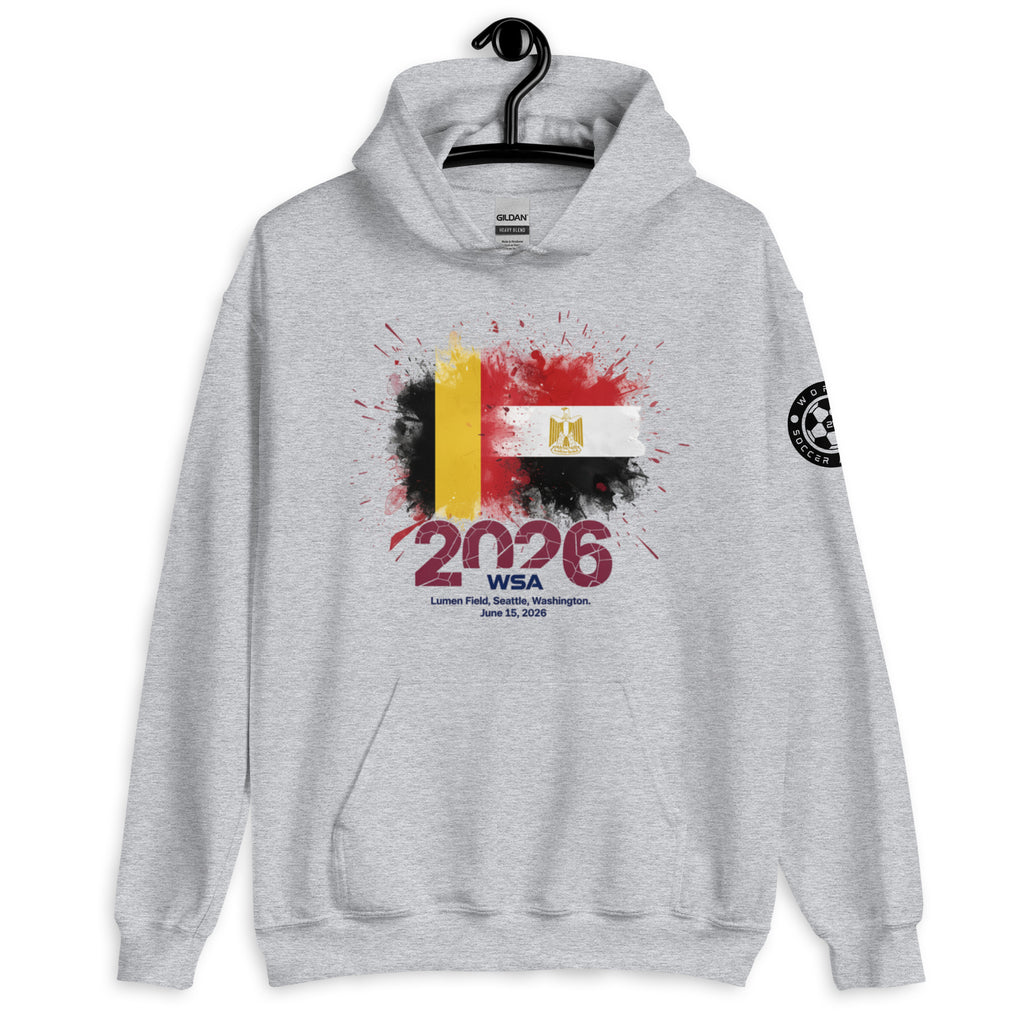 Gray hoodie with a design featuring '2026 WSA' and a flag on a hanger against a white background