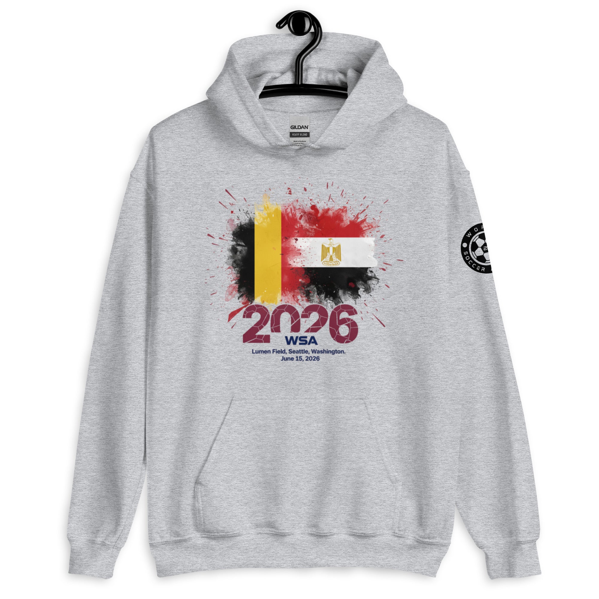 Gray hoodie with a design featuring '2026 WSA' and a flag on a hanger against a white background
