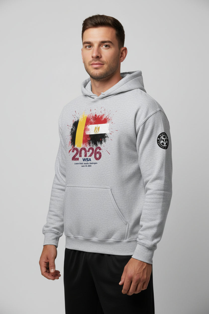 Gray hoodie with a design featuring the number 2026 and text on a white background