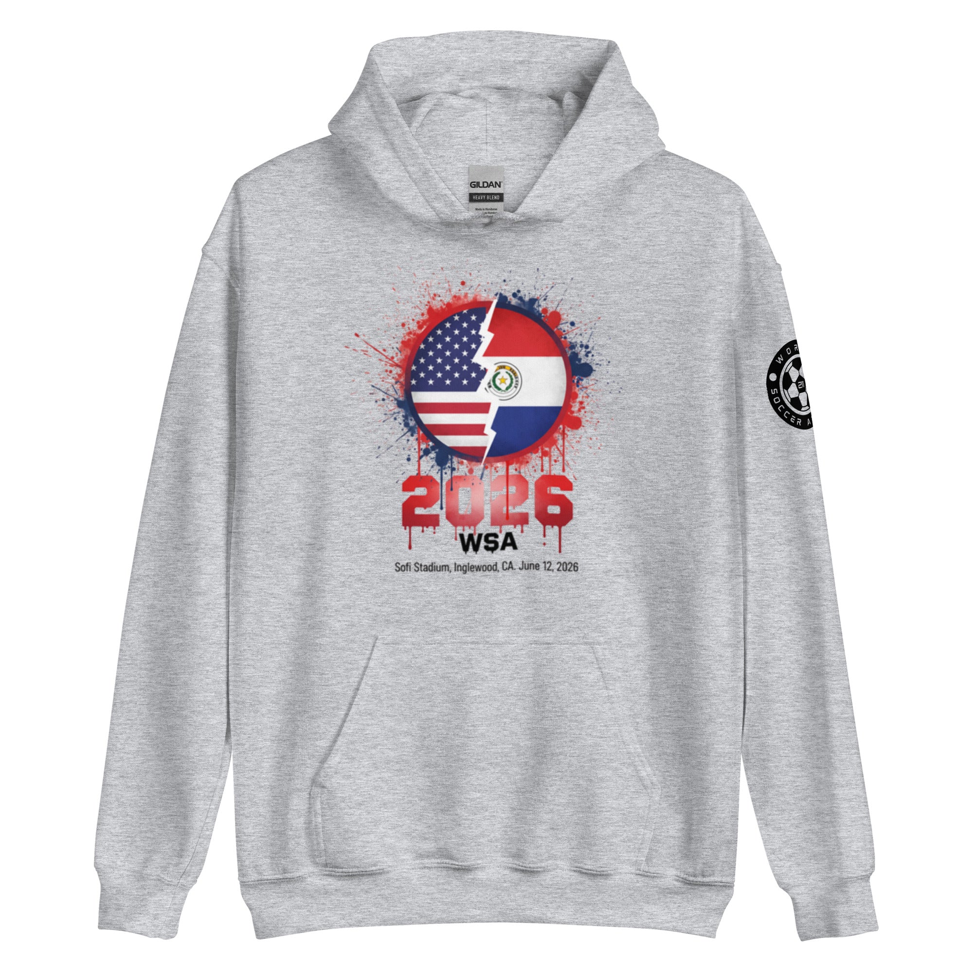 Gray hoodie with a design featuring two flags and the year 2016 on a white background