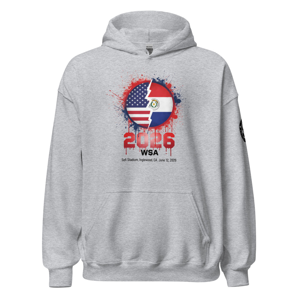 Gray hoodie with a colorful graphic design on a white background