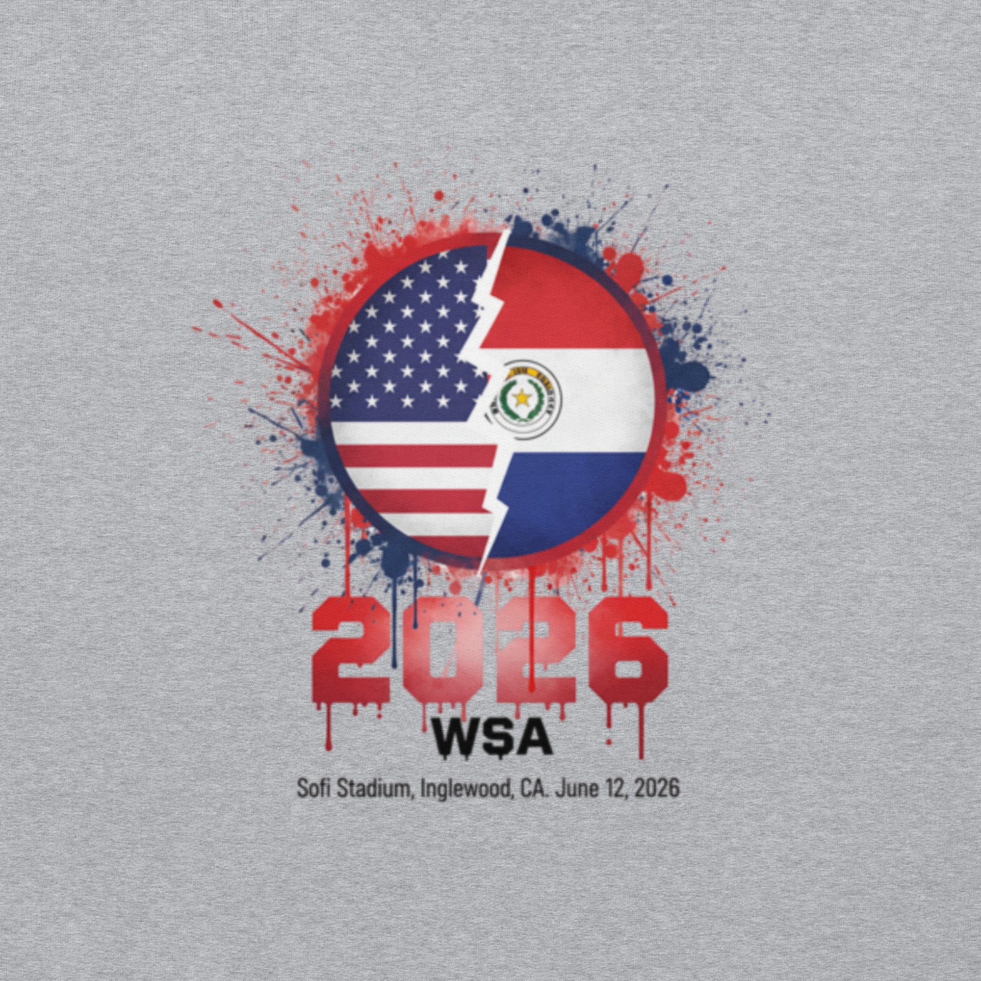 Gray t-shirt with a graphic design featuring American and Paraguayan flags, '2026 WSA' text, and event details.