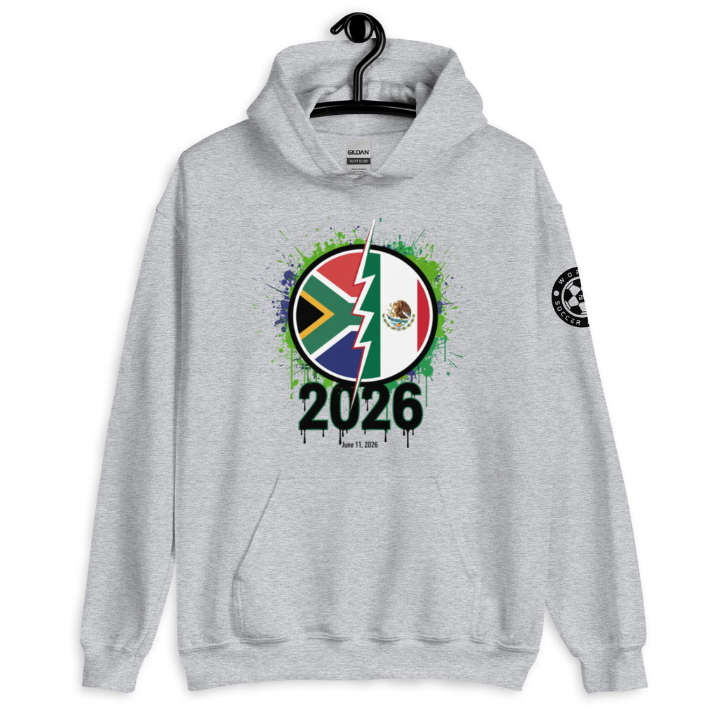 Gray hoodie with a colorful design featuring flags and the number 2026 on a white background.