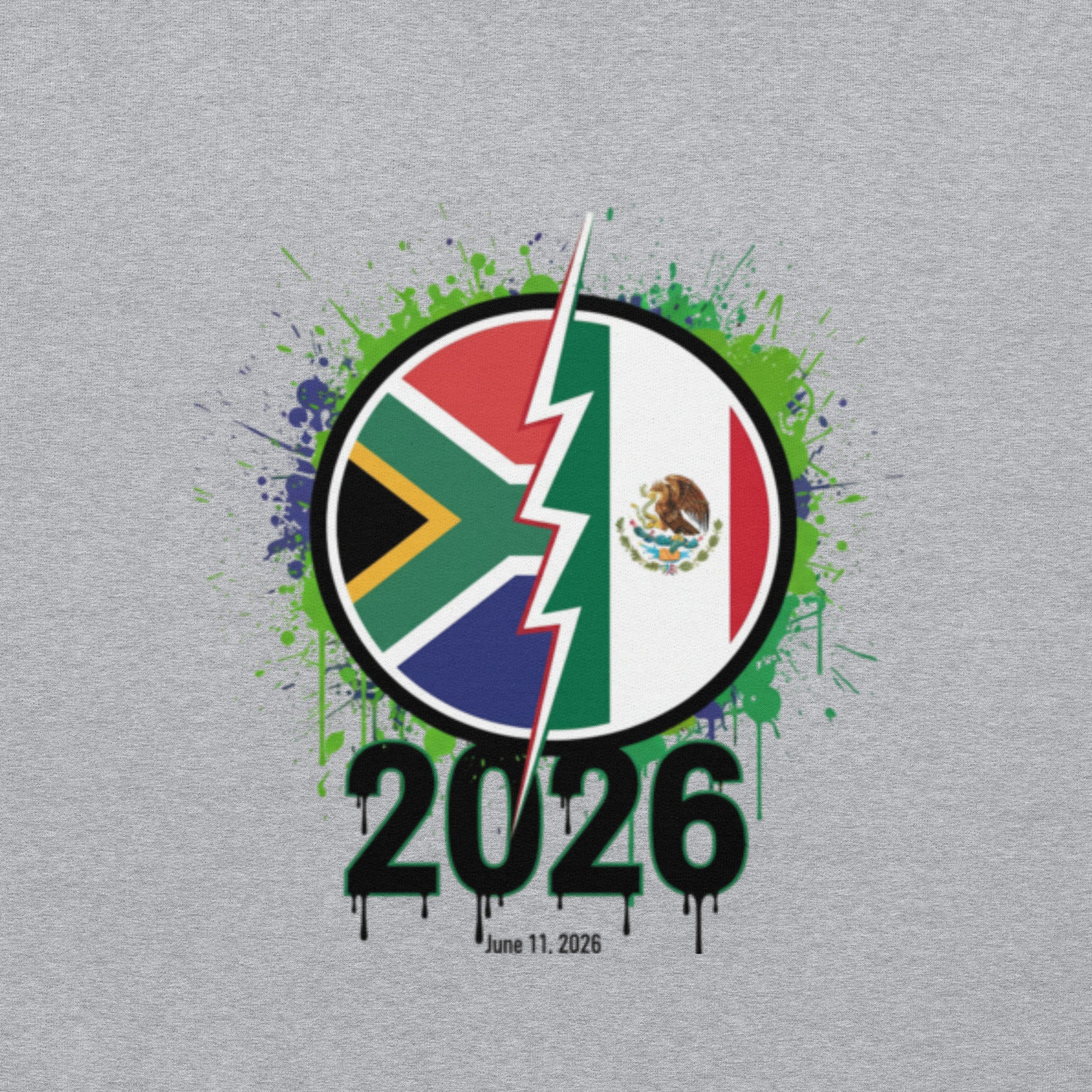 Design with South African and Mexican flags and '2026' on a gray background