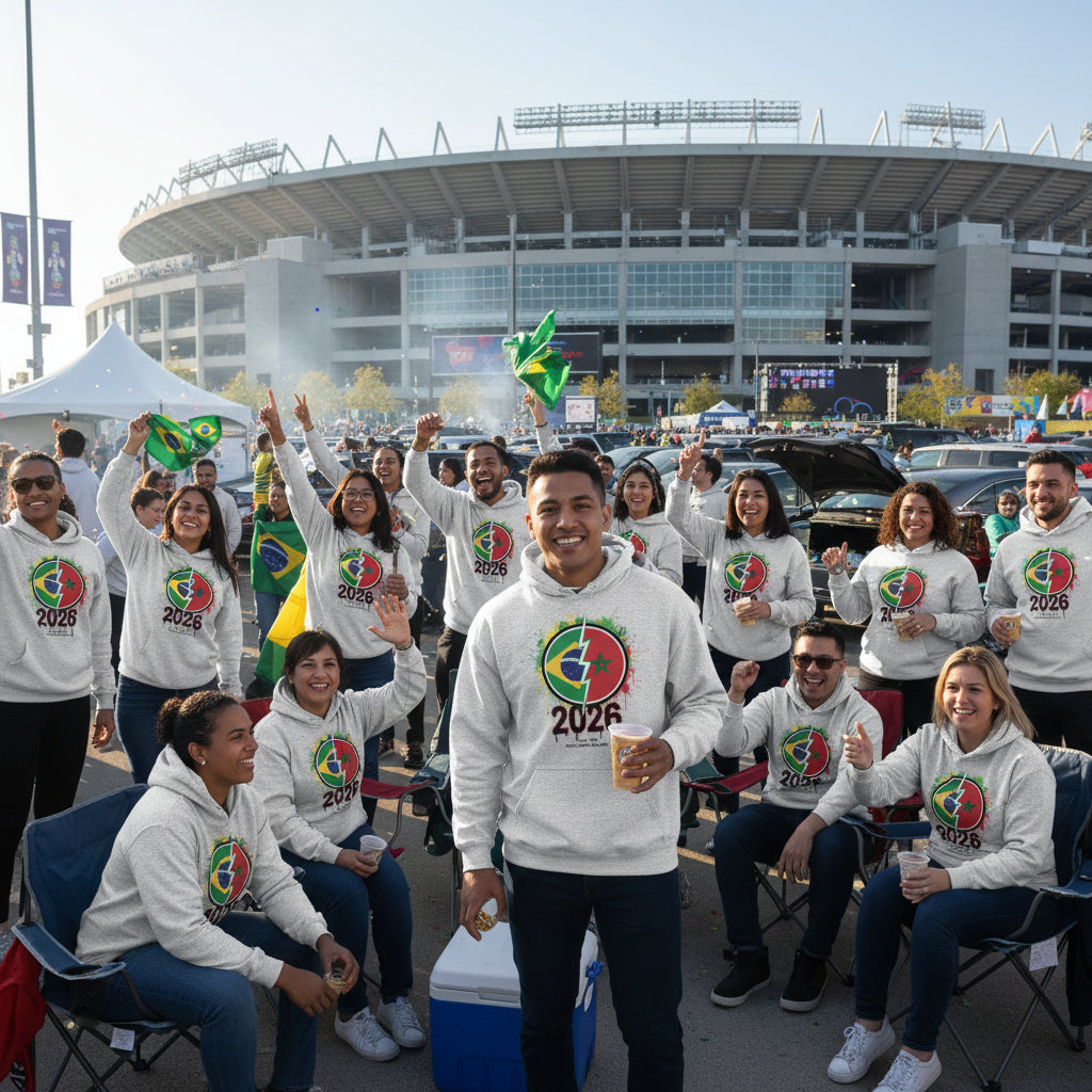 Gray hoodie with a colorful graphic design featuring numbers '2026' and flags on a white background.
