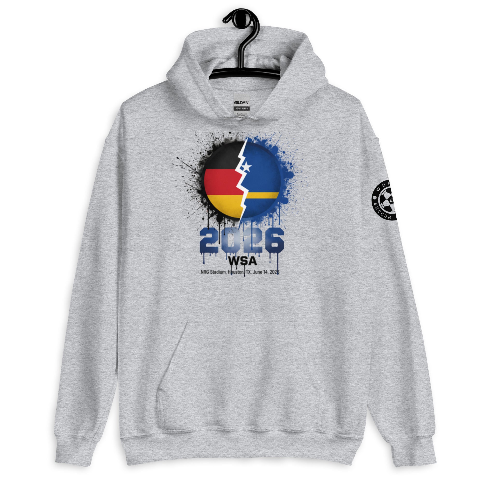 Gray hoodie with a colorful design on a hanger against a white background
