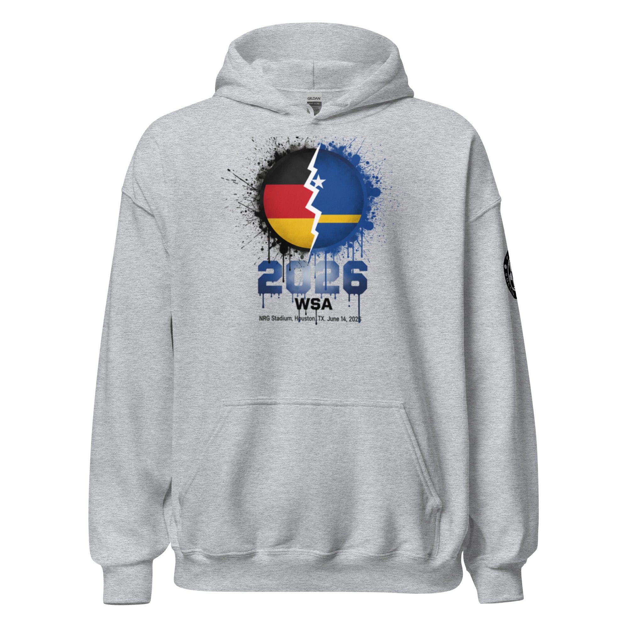 Gray hoodie with a colorful graphic design on the chest against a white background
