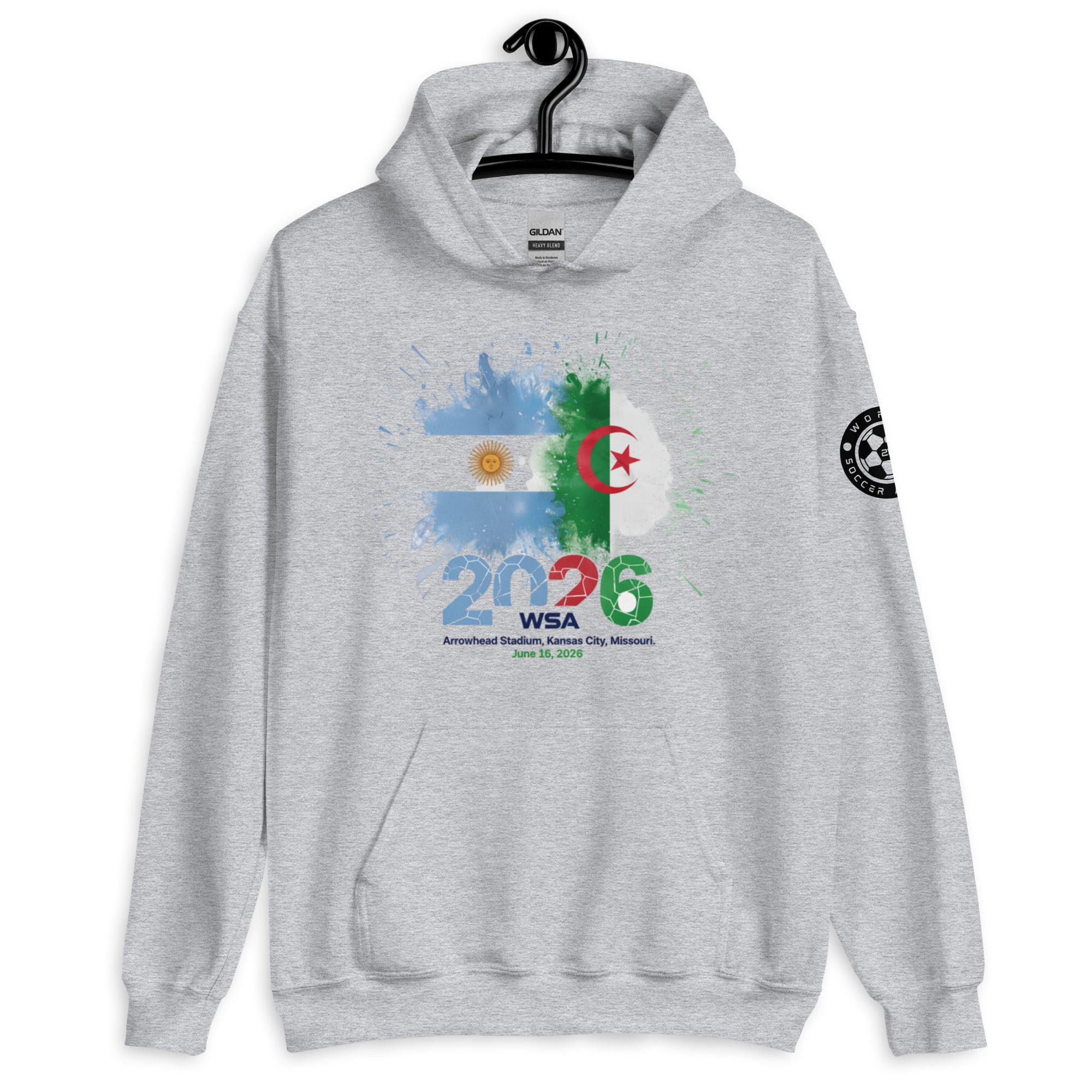 Gray hoodie with 2026 World Cup design on a white background