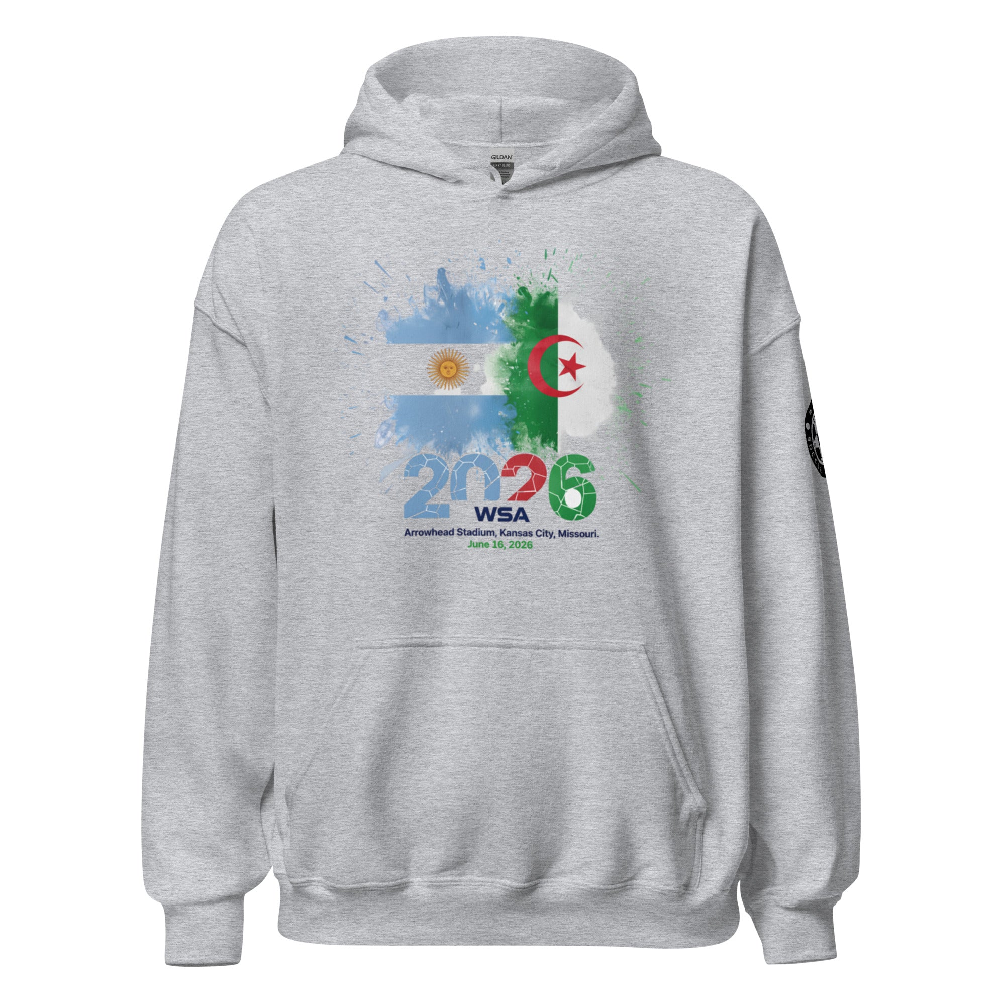 Gray hoodie with colorful design featuring numbers '2026' and text on a white background