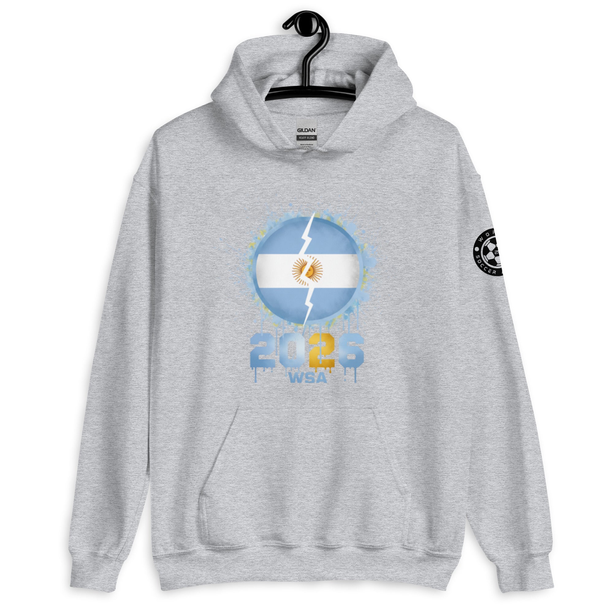 Gray hoodie with a logo and text on a white background