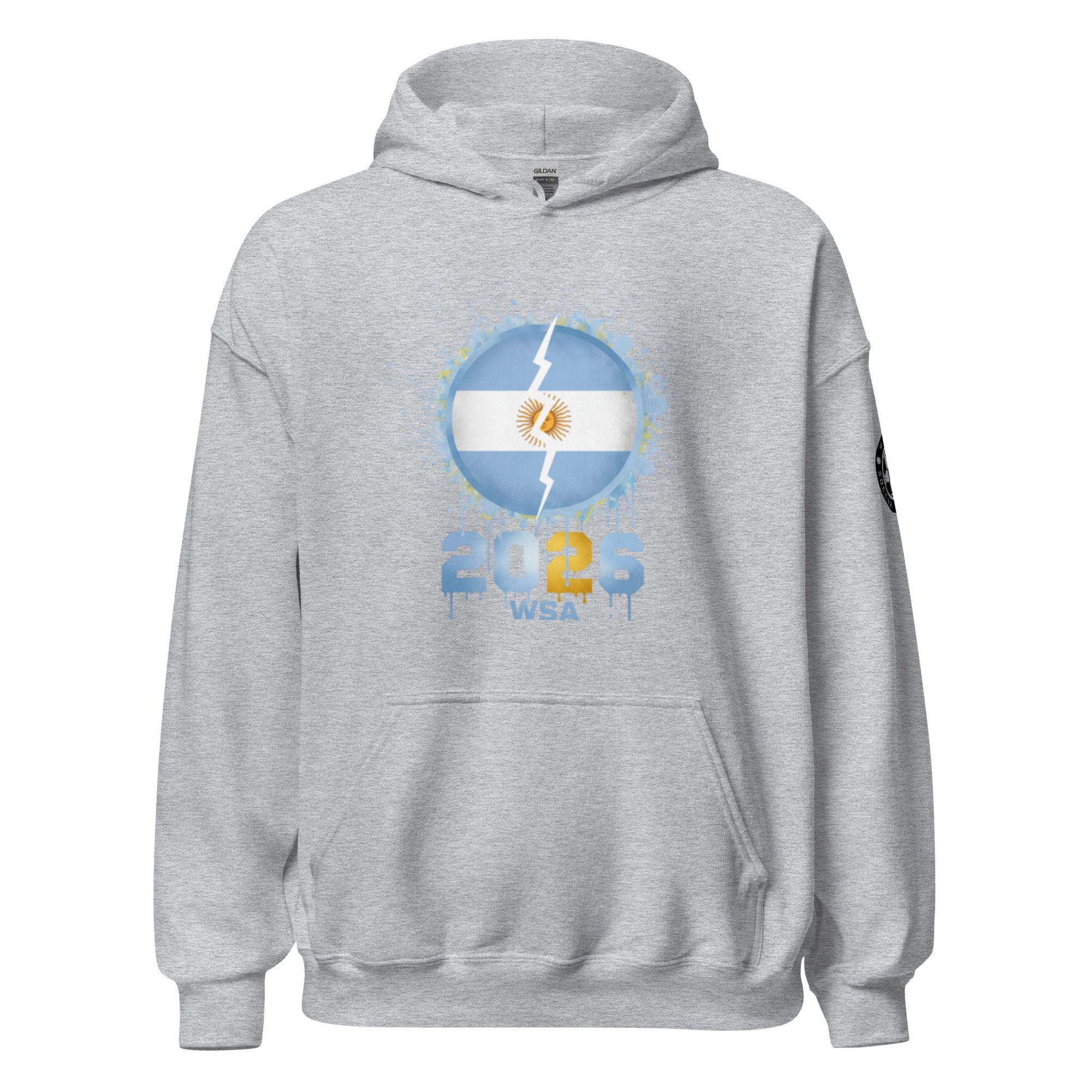 Gray hoodie with a design featuring a flag and '2023 WBA' text on a white background