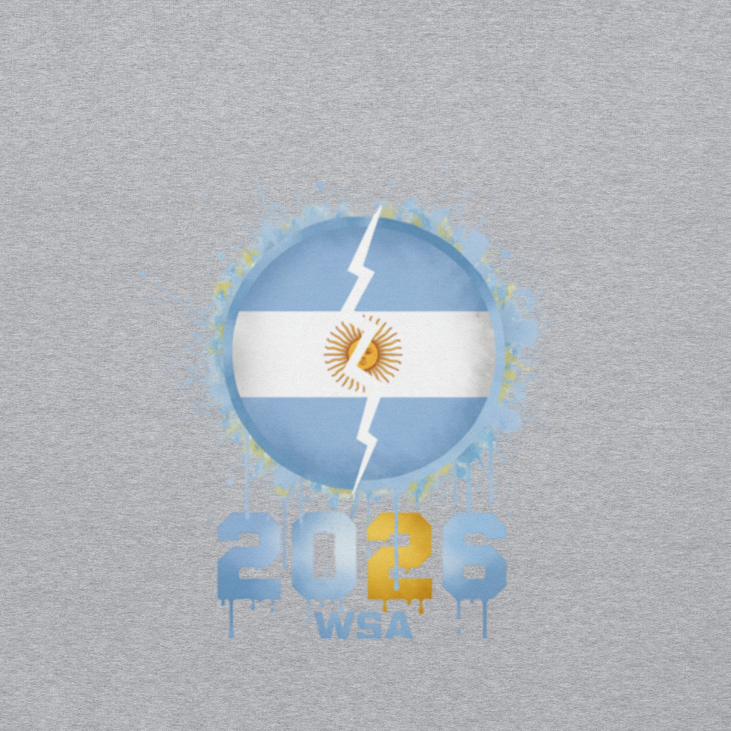 Argentina flag with a lightning bolt on a gray background, featuring '2026 WSA' text.