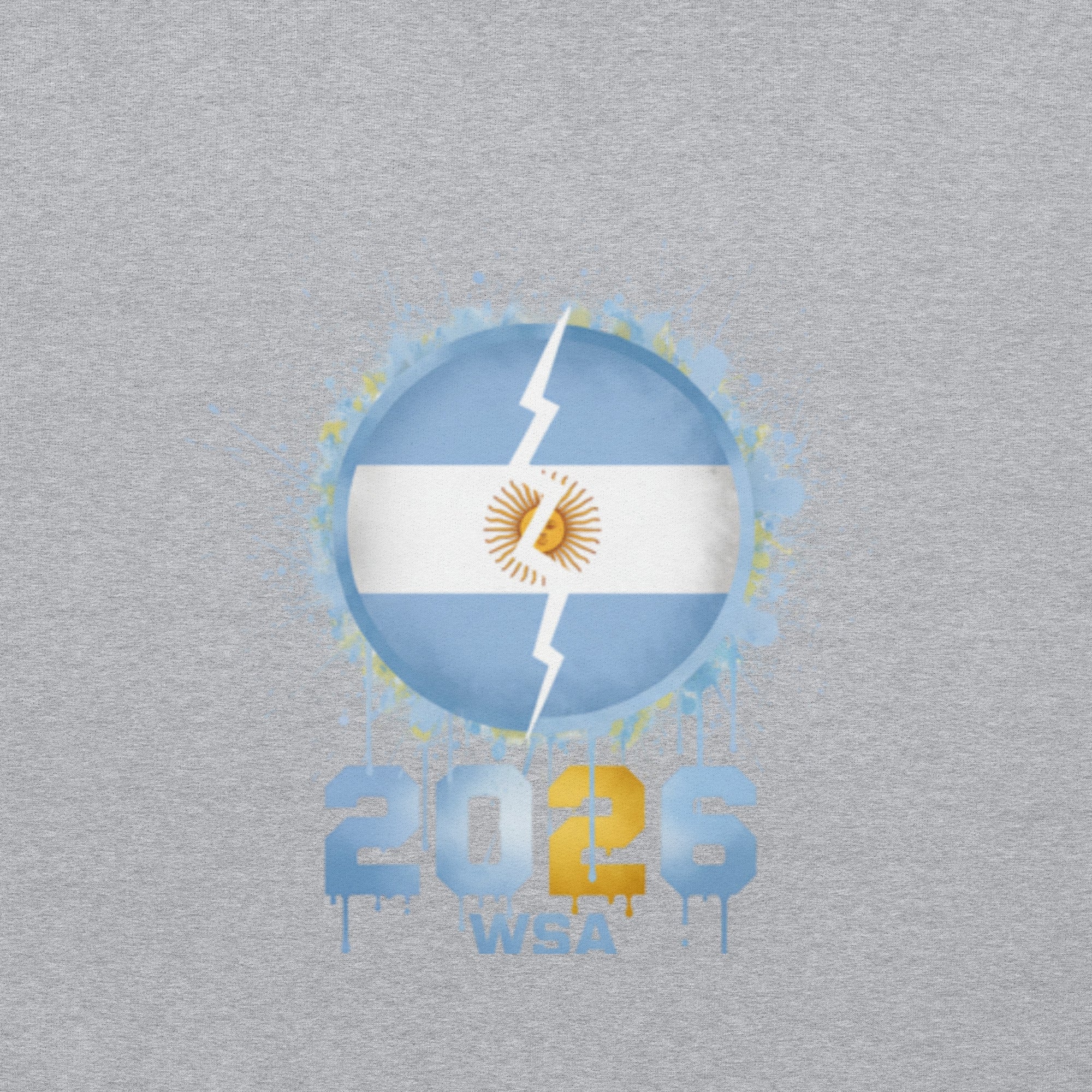 Argentina flag with a lightning bolt on a gray background, featuring '2026 WSA' text.