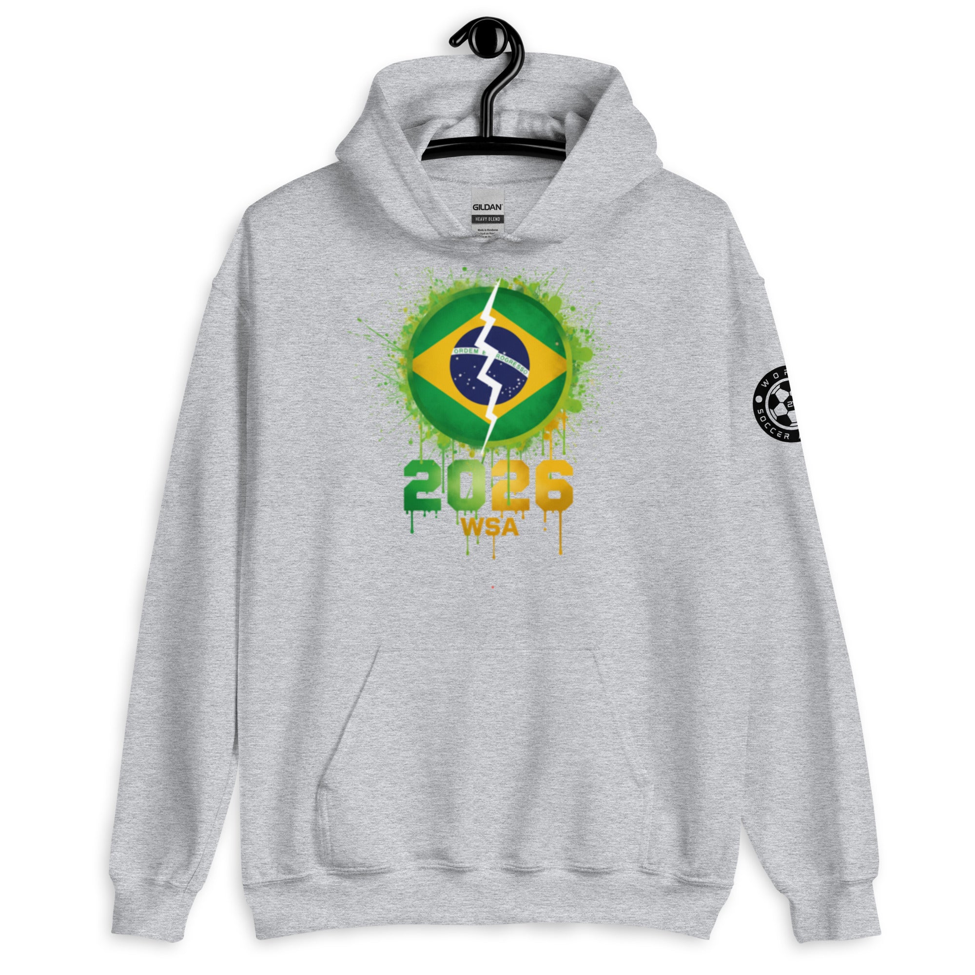 Gray hoodie with Brazilian flag design and '2026 WSA' text on a white background