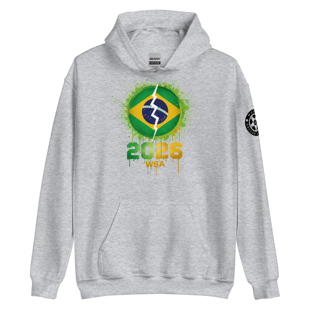 Gray hoodie with Brazilian flag design and '2026 WSA' text on a white background