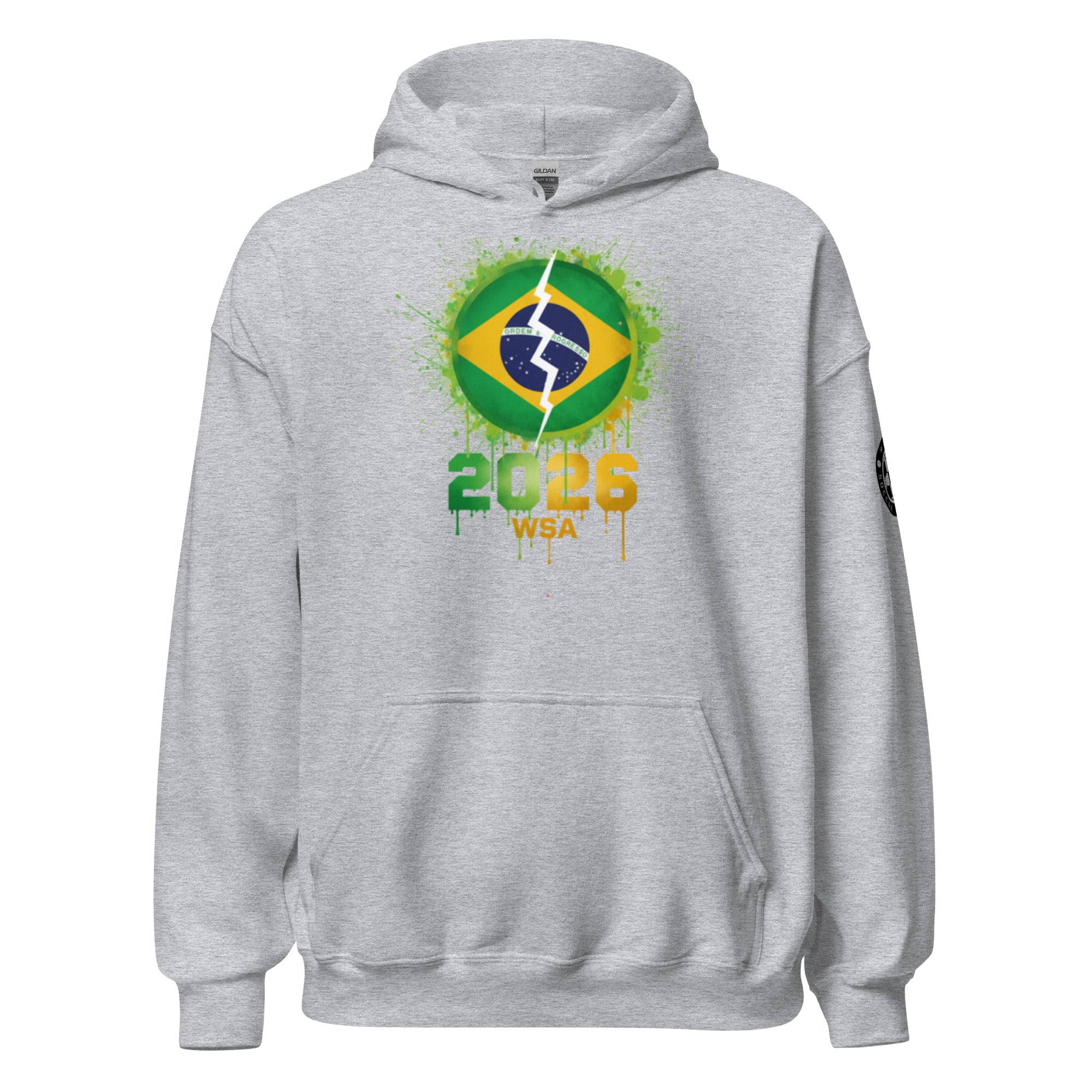 Gray hoodie with Brazilian flag design and '2026 WSA' text on a white background