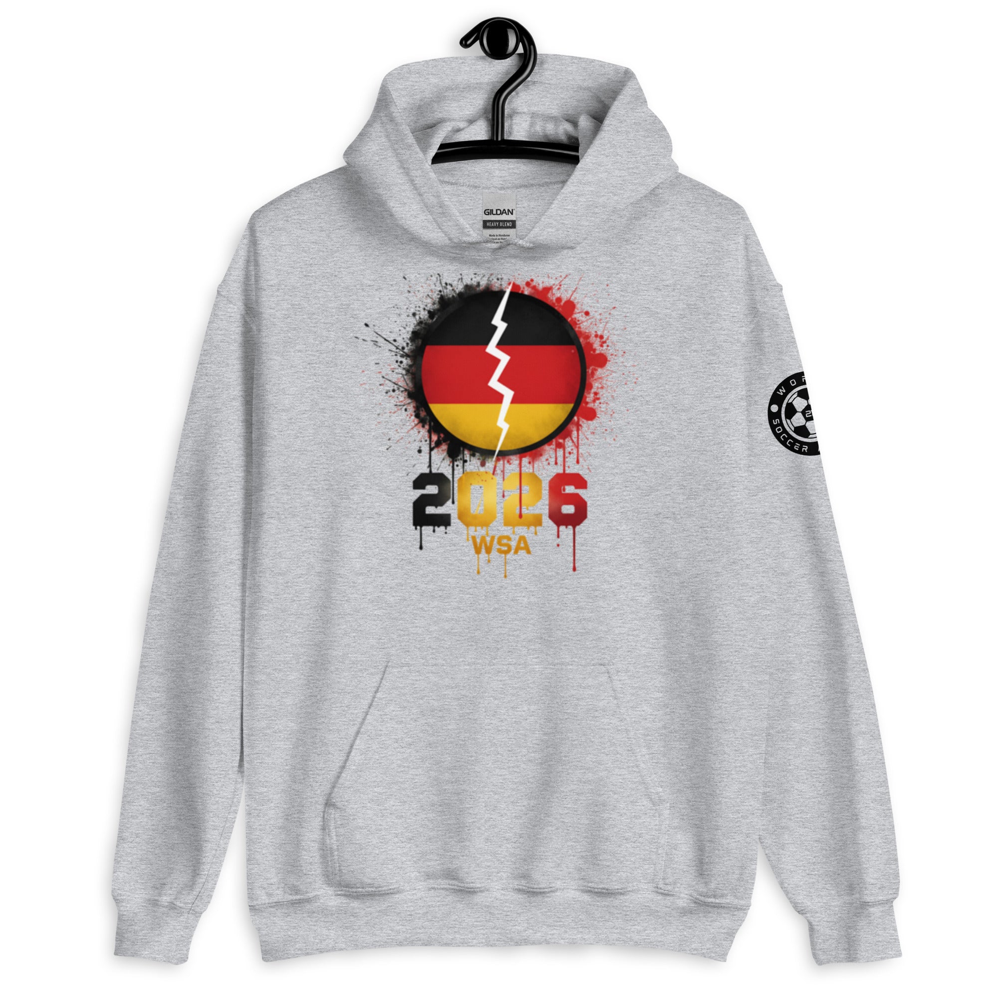 Gray hoodie with a German flag design and '2026 WSA' text on a white background