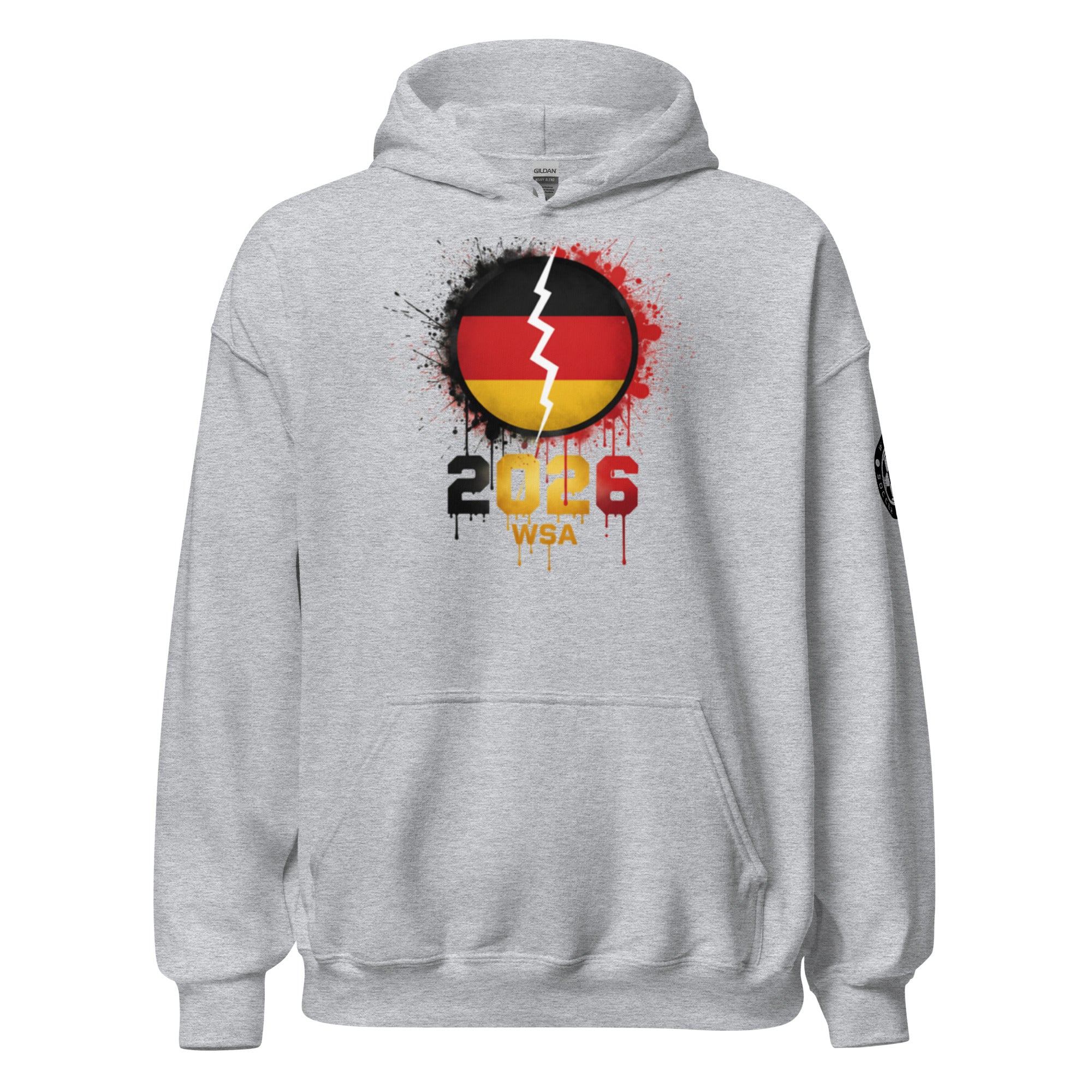 Gray hoodie with a design featuring a flag and '2026 WSA' text on a white background