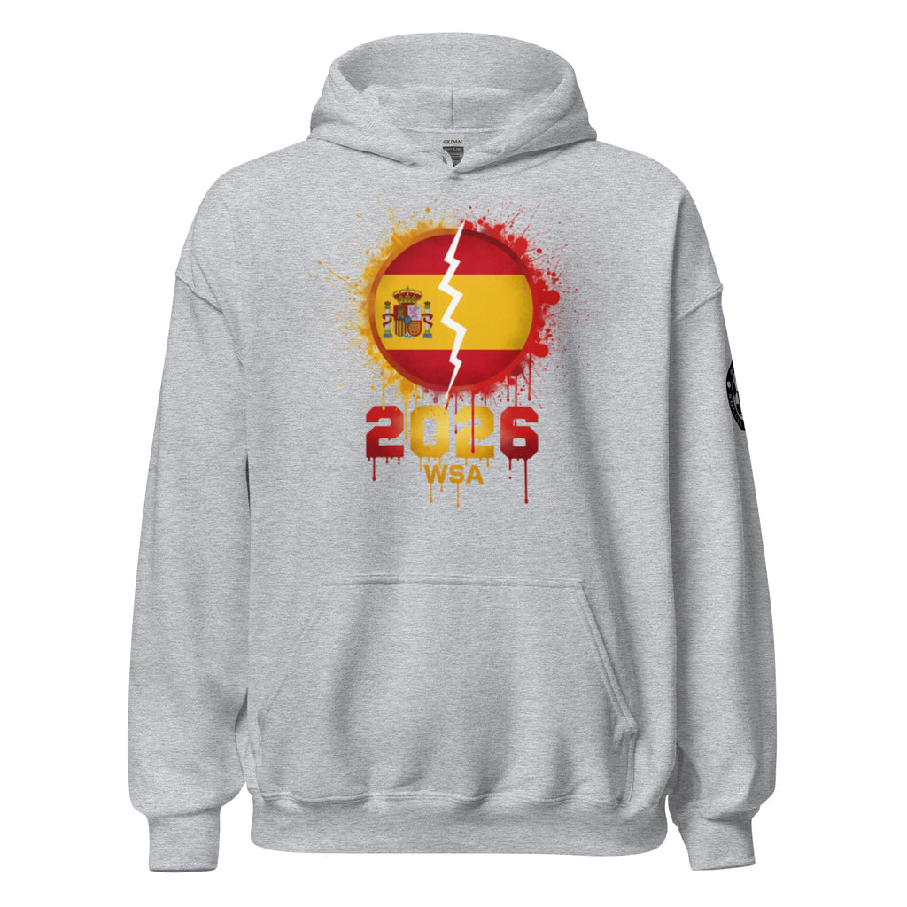 Gray hoodie with a Spanish flag design and '2026 WSA' text on a white background