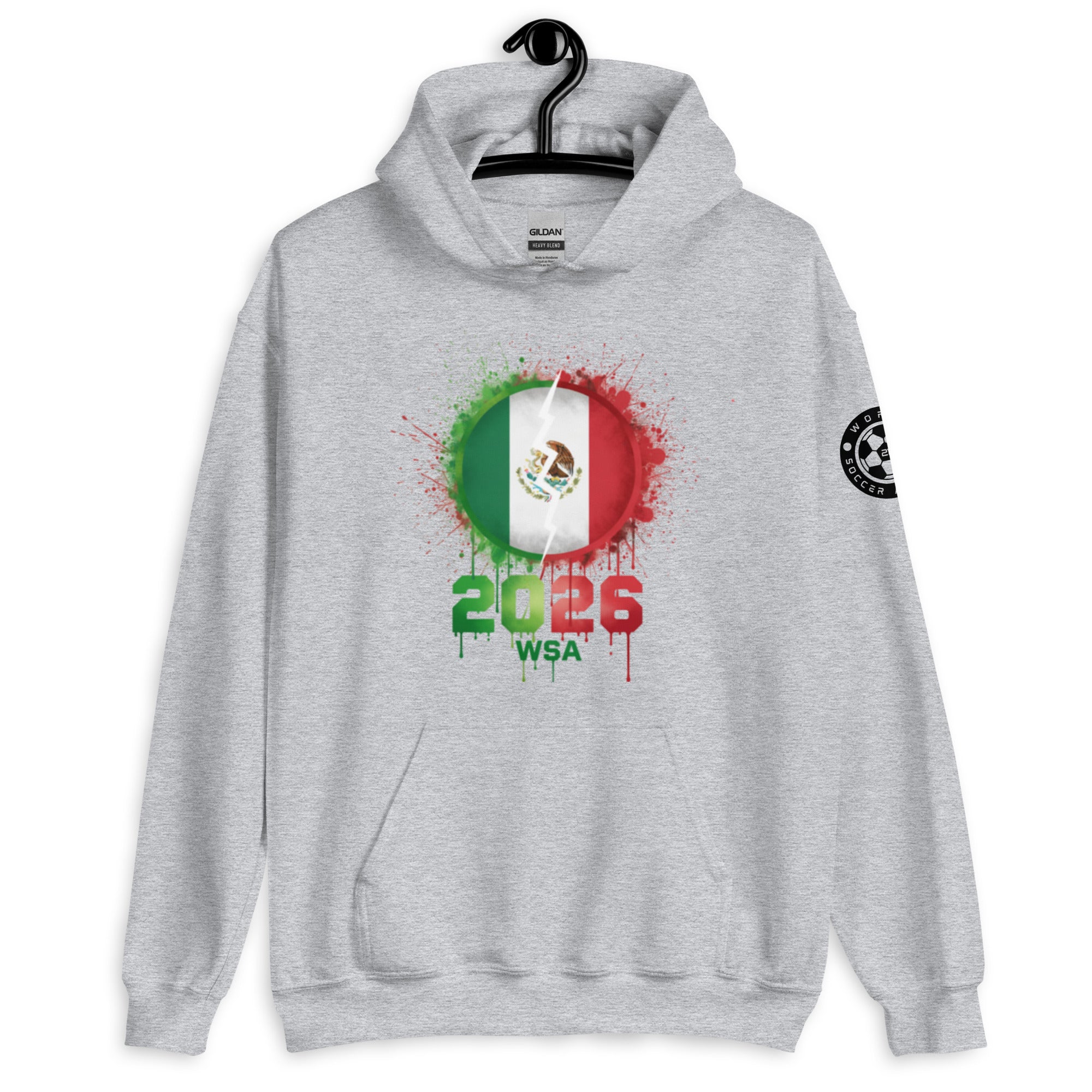 Gray hoodie with Mexican flag design and '2026 WSA' text on a white background