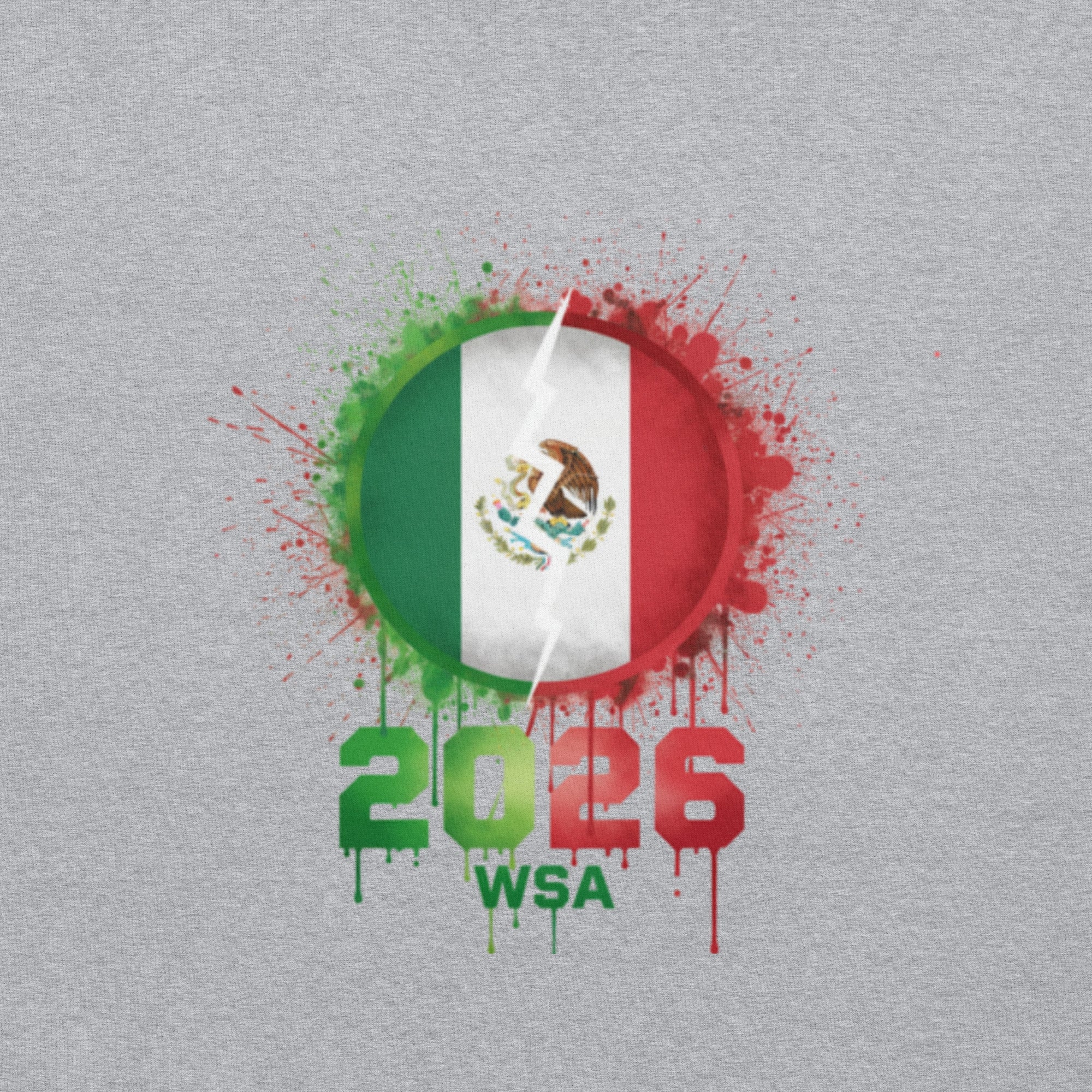 Mexican flag with '2026 WSA' text on a gray background