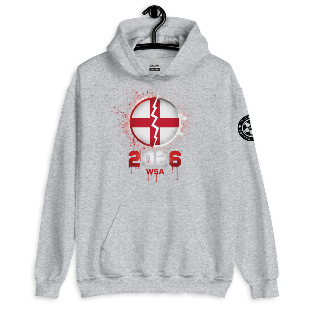 Gray hoodie with a red and white graphic design on a hanger