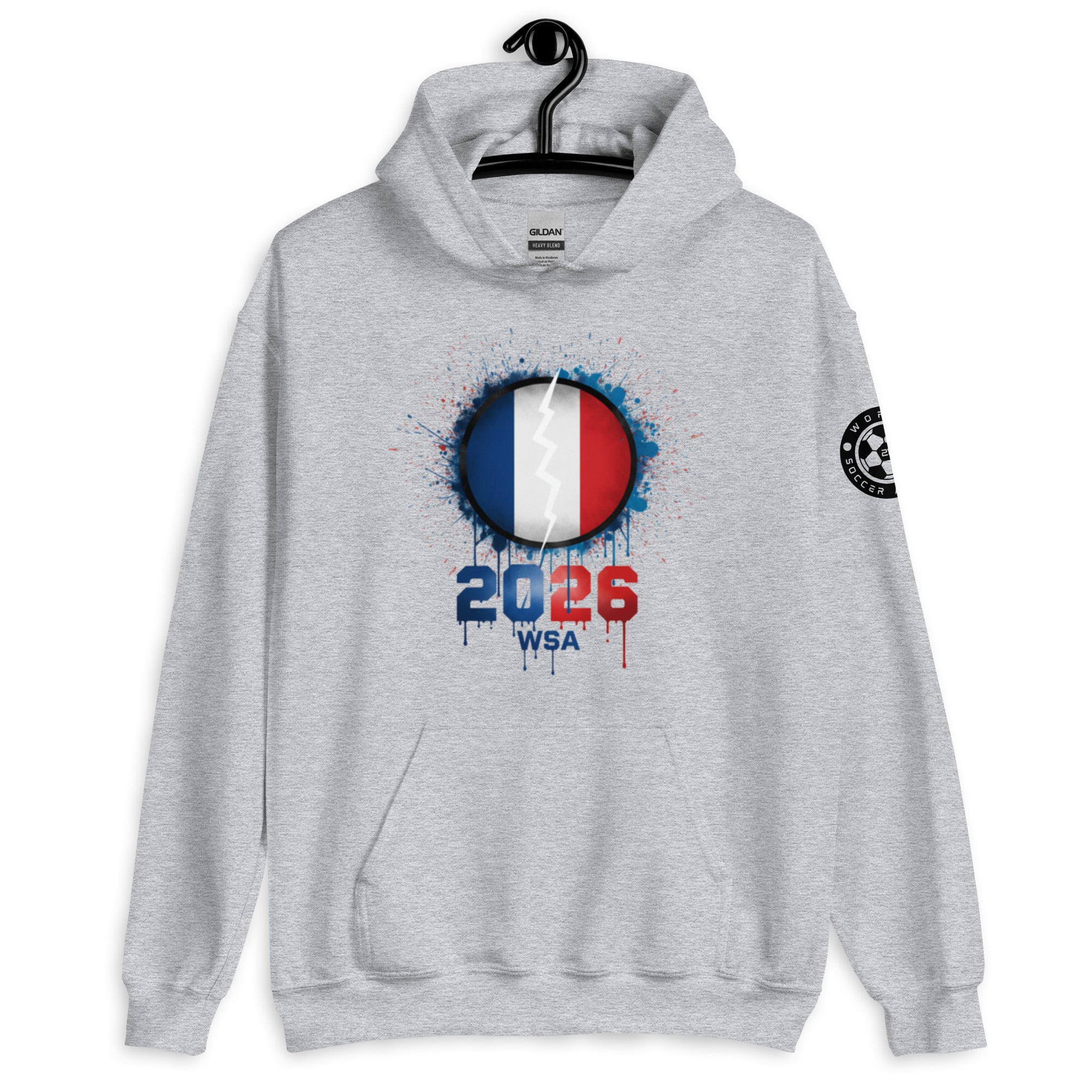Gray hoodie with a design featuring a circle in blue, white, and red, with '2026 WSA' text, on a white background.