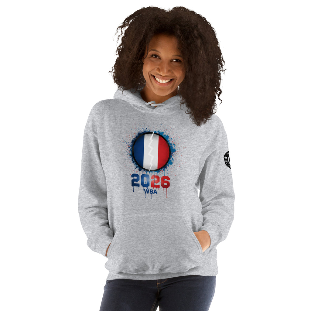 Person wearing a gray hoodie with a design featuring France's flag and '2026 WSA' text on a white background