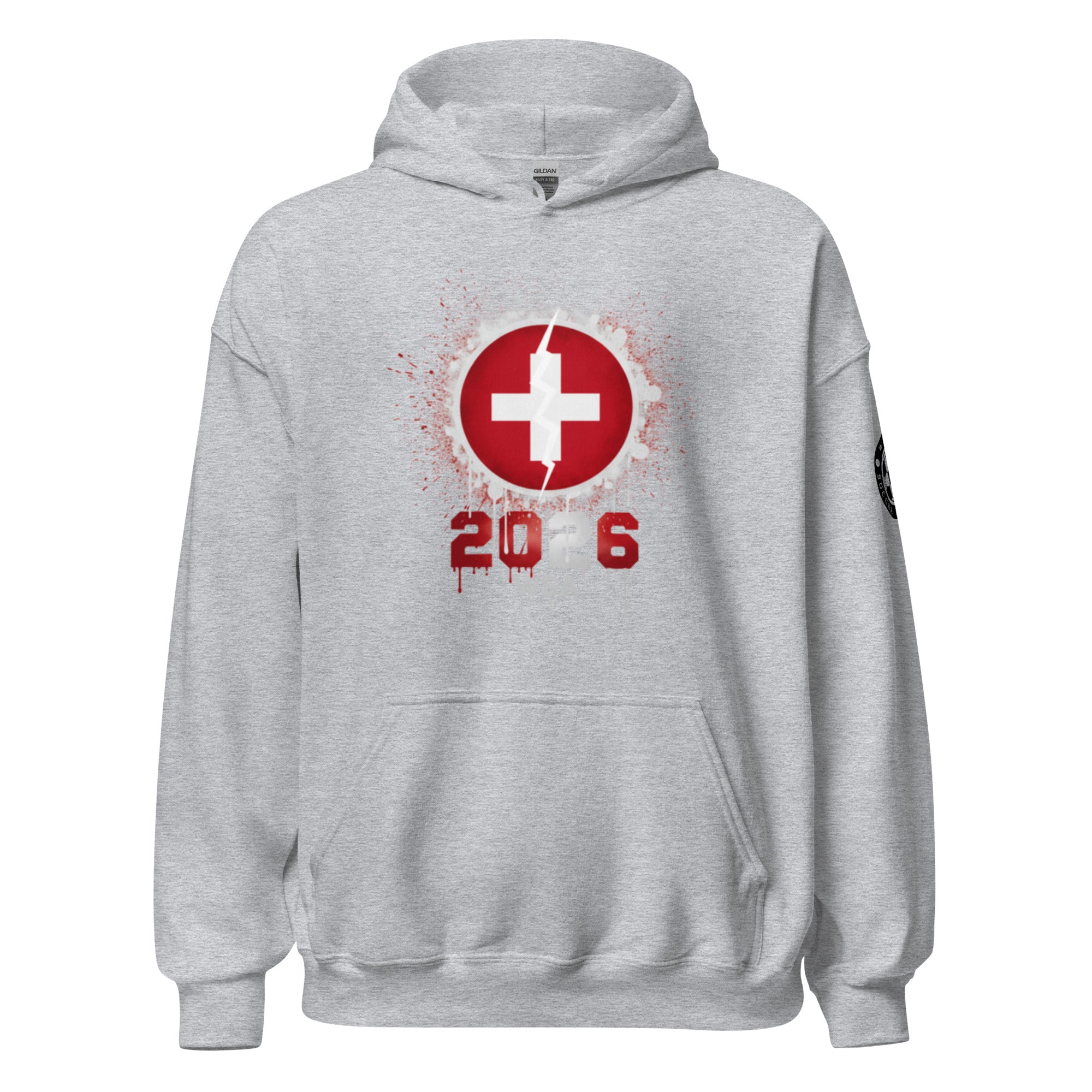 Gray hoodie with a red and white design on the back against a white background