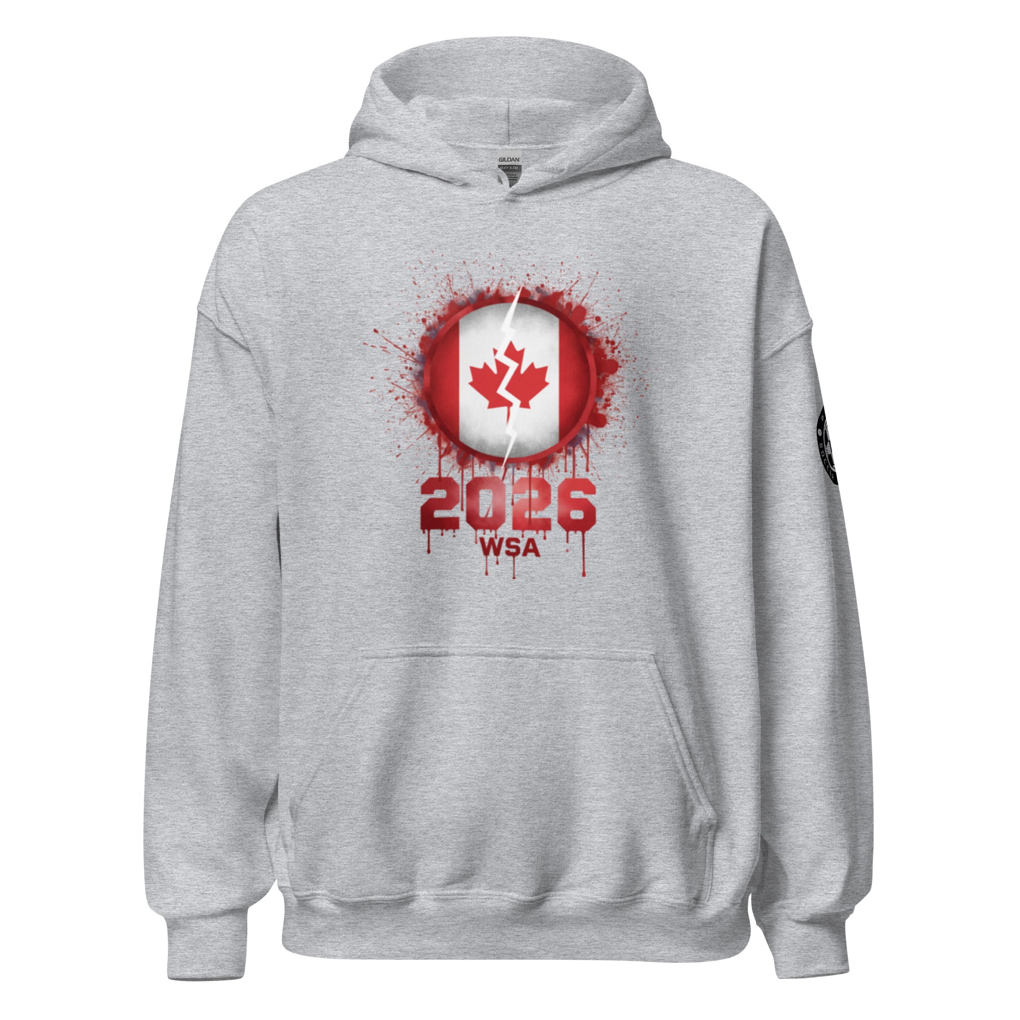 Gray hoodie with red and white design featuring a maple leaf and text on a white background