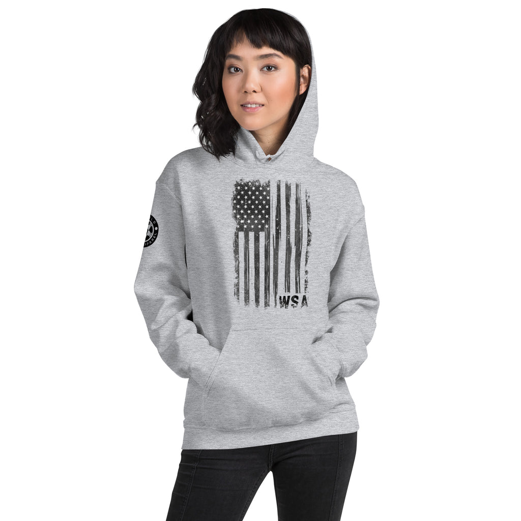 Person wearing a gray hoodie with an American flag design on a white background