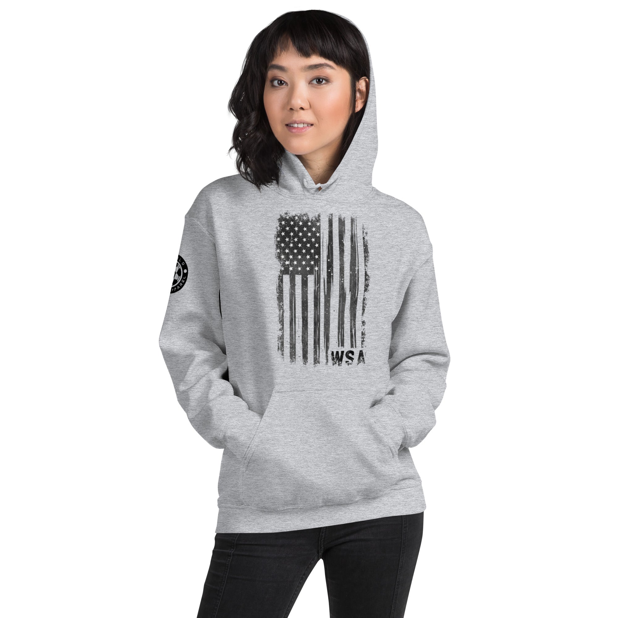 Person wearing a gray hoodie with an American flag design on a white background
