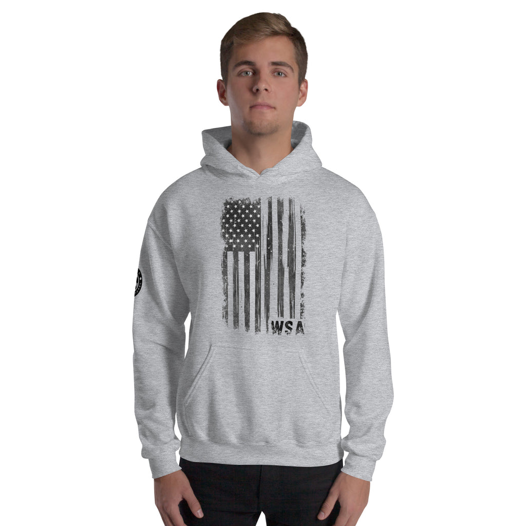 Person wearing a gray hoodie with an American flag design on a white background