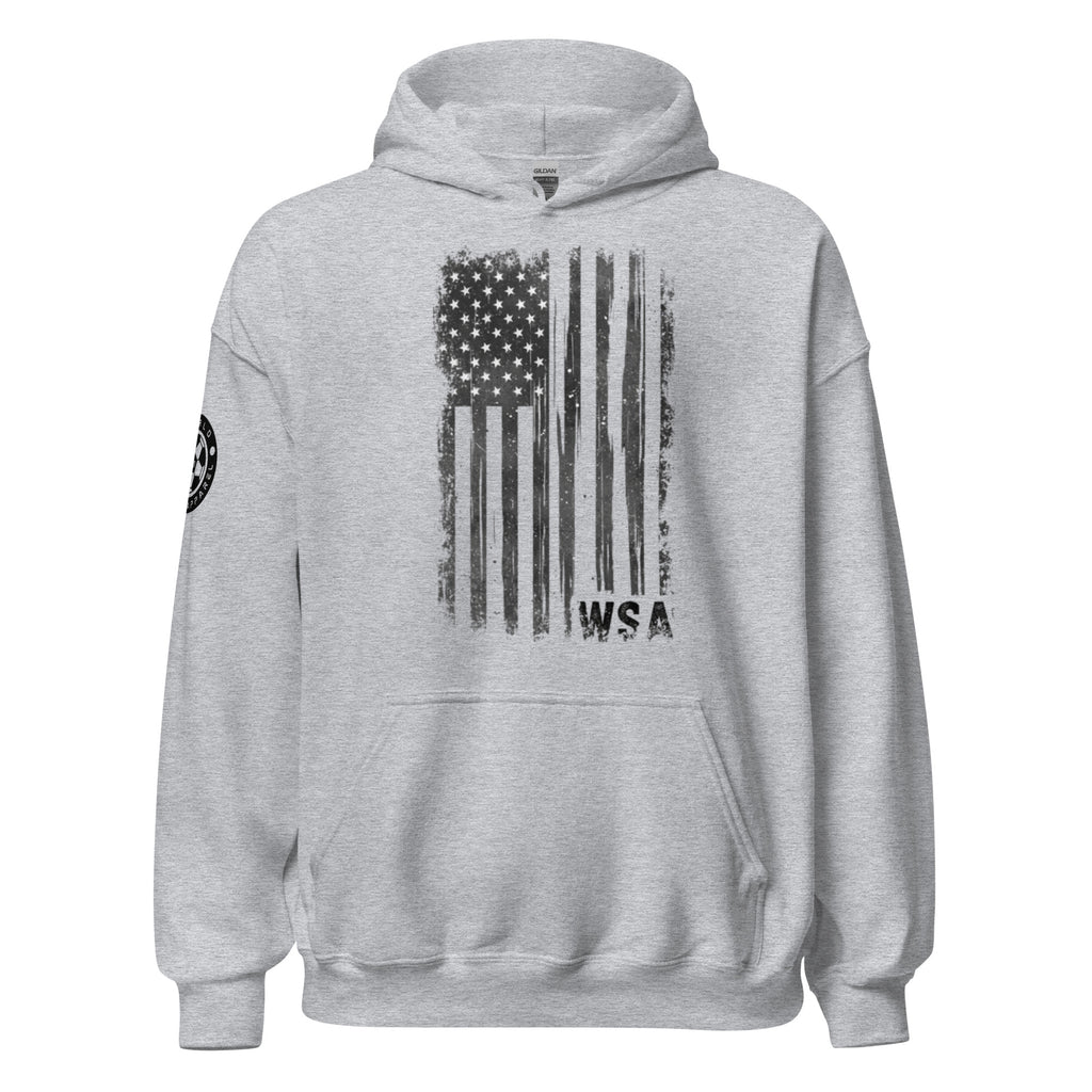 Gray hoodie with American flag design on the back and 'WSA' branding.