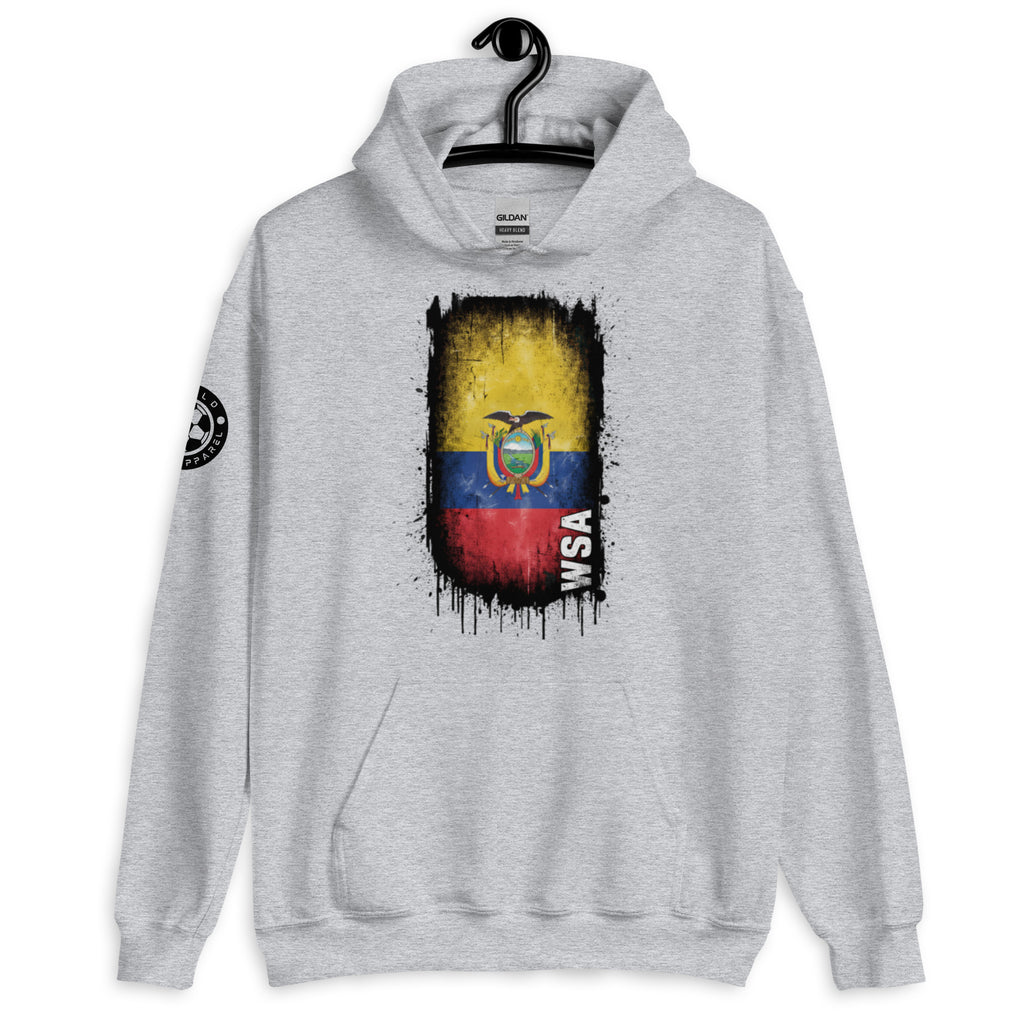 Gray hoodie with a colorful graphic design on a white background