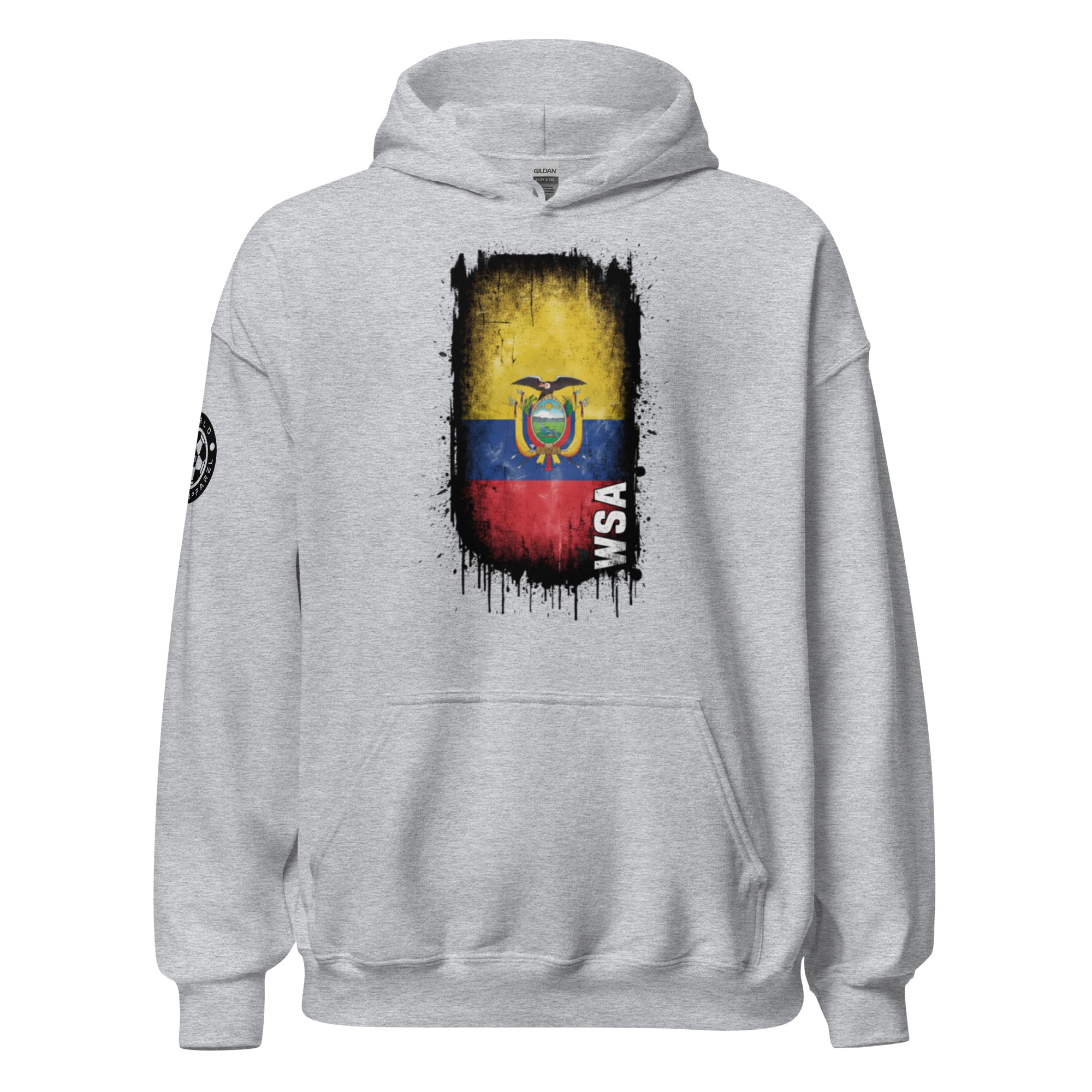 Gray hoodie with a colorful graphic design on the chest against a white background
