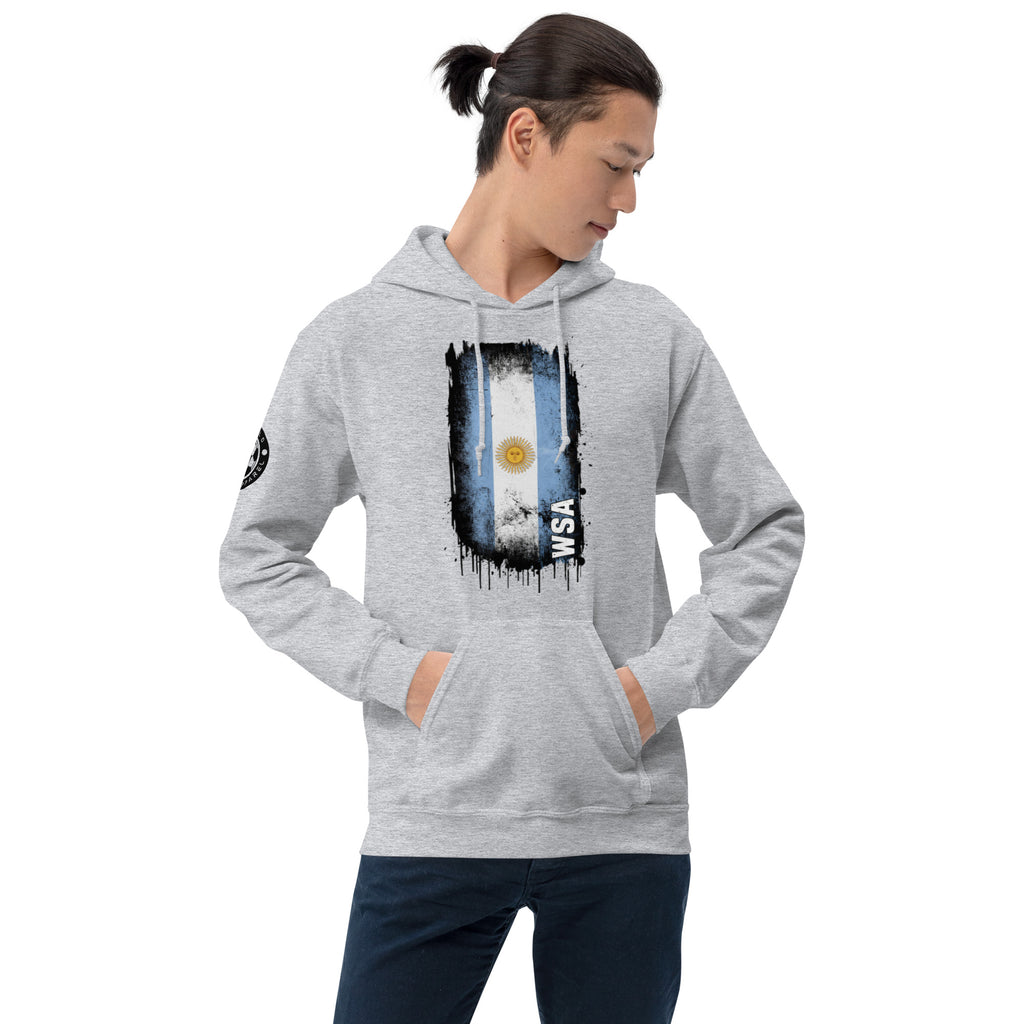Person wearing a gray hoodie with an Argentina flag design on a white background