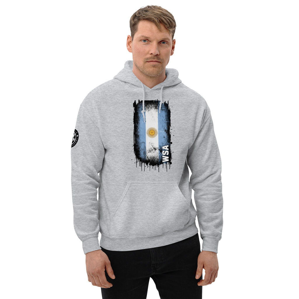 Man wearing a gray hoodie with a graphic design on a white background