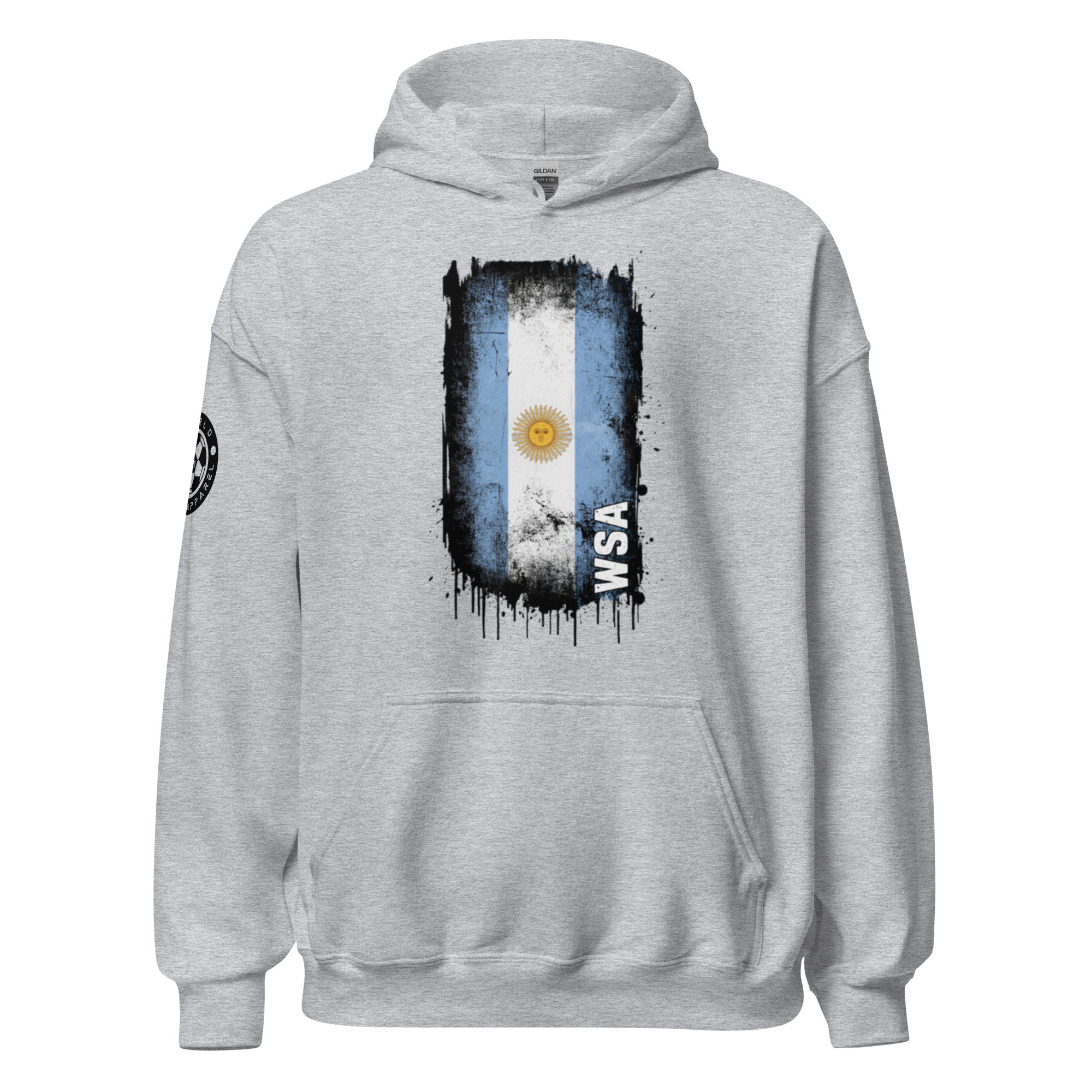 Gray hoodie with an Argentina flag design on a white background